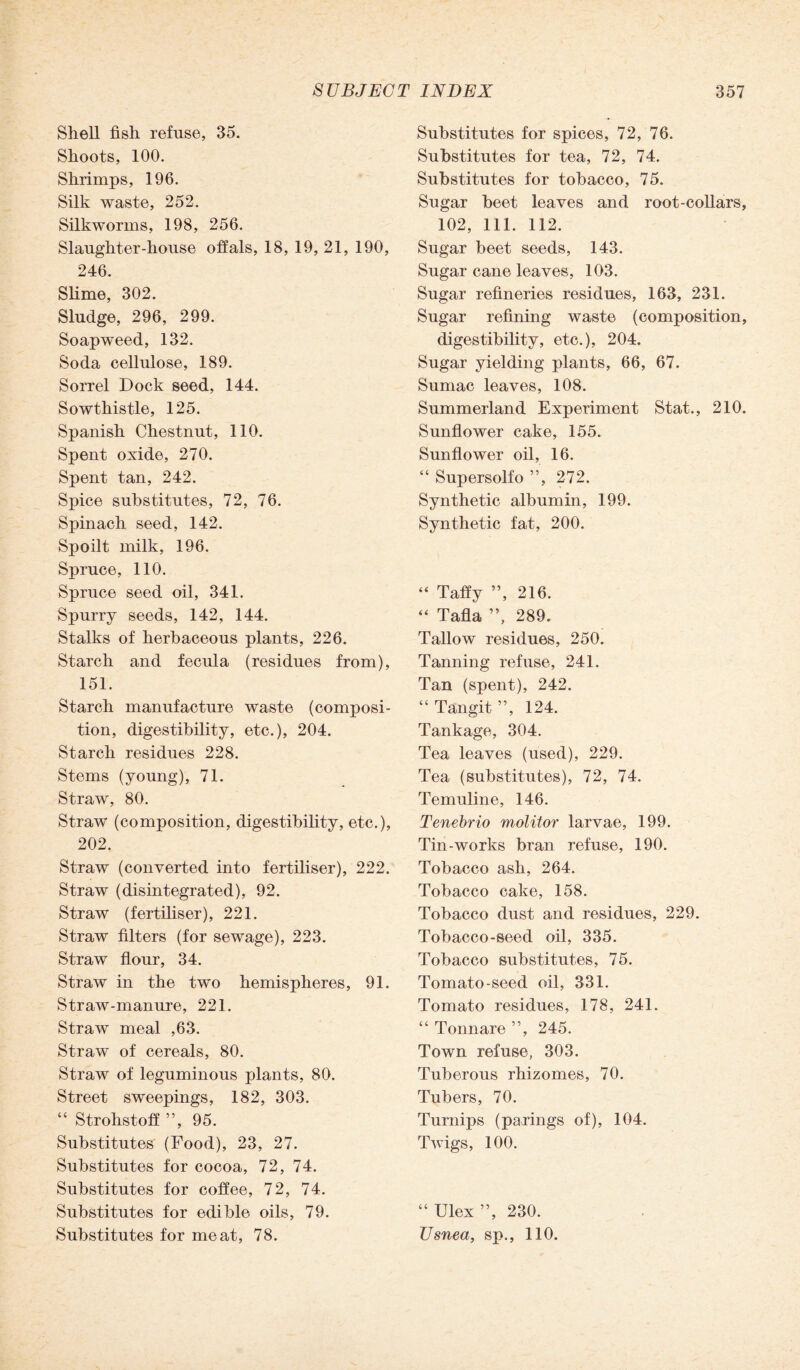 Shell fish refuse, 35. Shoots, 100. Shrimps, 196. Silk waste, 252. Silkworms, 198, 256. Slaughter-house offals, 18, 19, 21, 190, 246. Slime, 302. Sludge, 296, 299. Soapweed, 132. Soda cellulose, 189. Sorrel Dock seed, 144. Sowthistle, 125. Spanish Chestnut, 110. Spent oxide, 270. Spent tan, 242. Spice substitutes, 72, 76. Spinach seed, 142. Spoilt milk, 196. Spruce, 110. Spruce seed oil, 341. Spurry seeds, 142, 144. Stalks of herbaceous plants, 226. Starch and fecula (residues from), 151. Starch manufacture waste (composi¬ tion, digestibility, etc.), 204. Starch residues 228. Stems (young), 71. Straw, 80. Straw (composition, digestibility, etc.), 202. Straw (converted into fertiliser), 222. Straw (disintegrated), 92. Straw (fertiliser), 221. Straw filters (for sewage), 223. Straw flour, 34. Straw in the two hemispheres, 91. Straw-manure, 221. Straw meal ,63. Straw of cereals, 80. Straw of leguminous plants, 80. Street sweepings, 182, 303. “ Strohstoff ”, 95. Substitutes (Food), 23, 27. Substitutes for cocoa, 72, 74. Substitutes for coffee, 72, 74. Substitutes for edible oils, 79. Substitutes for meat, 78. Substitutes for spices, 72, 76. Substitutes for tea, 72, 74. Substitutes for tobacco, 75. Sugar beet leaves and root-collars, 102, 111. 112. Sugar beet seeds, 143. Sugar cane leaves, 103. Sugar refineries residues, 163, 231. Sugar refining waste (composition, digestibility, etc.), 204. Sugar yielding plants, 66, 67. Sumac leaves, 108. Summerland Experiment Stat., 210. Sunflower cake, 155. Sunflower oil, 16. “ Supersolfo ”, 272. Synthetic albumin, 199. Synthetic fat, 200. “ Taffy ”, 216. “ Tafia ”, 289. Tallow residues, 250. Tanning refuse, 241. Tan (spent), 242. “ Tangit ”, 124. Tankage, 304. Tea leaves (used), 229. Tea (substitutes), 72, 74. Temuline, 146. Tenebrio molitor larvae, 199. Tin-works bran refuse, 190. Tobacco ash, 264. Tobacco cake, 158. Tobacco dust and residues, 229. Tobacco-seed oil, 335. Tobacco substitutes, 75. Tomato-seed oil, 331. Tomato residues, 178, 241. “ Tonnare ”, 245. Town refuse, 303. Tuberous rhizomes, 70. Tubers, 70. Turnips (parings of), 104. Twigs, 100. “ Ulex ”, 230. JJsnea, sp., 110.