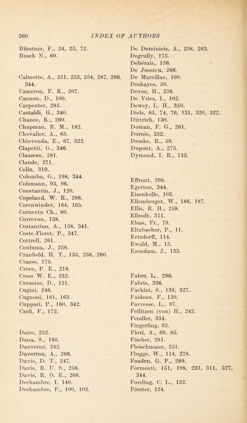 Biirstner, F., 24, 25, 72. Busch 1ST., 60. Calmette, A., 251, 253, 254, 287, 296. 344. Cameron, F. K., 207. Cannon, D., 100. Carpenter, 285. Castaldi, G-., 340. Chance, K., 260. Chapman, R. M., 182. Chevalier, A., 65. Chiovenda, E., 67, 322. Ciapetti, G., 346. Claasesn, 281. Claude, 271. Colin, 319. Colombo, G., 198, 344. Colsmann, 93, 96. Constantin, J., 120. Copeland, W. R., 296. Corenwinder, 164, 165. Cornevin Ch., 80. Correvon, 138. Costantino, A., 158, 341. Coste-Floret, P., 347. Cottrell, 261. Couluma, J., 258. Cranfield, H. T., 135, 258, 260. Crasso, 175. Croce, P. E., 218. Cross W. E., 232. Crousioe, D., 121. Cugini, 246. Cugnoni, 161, 163. Cuppari, P., 160, 342. Czell, F., 172. Daire, 252. Dana, S., 185. Dauverne, 242. Daverton, A., 296. Davis, D. T., 247. Davis, R. U. S., 258. Davis, R. 0. E., 268. Dechambre, I. 140. Dechambre, P., 100, 102. De Dominicis, A., 258, 263. Degrully, 175. Deherain, 156. De Jussieu, 266. De Marcillac, 100. Deshaves, 50. Devos, H., 256. De Yries, I., 102. Dewey, L. H., 350. Diels, 65, 74, 76, 131, 320, 322. Dittrich, 130. Doman, F. G., 261. Dornie, 252. Droske, R., 59. Dupont, A., 275. Dymond, I. R., 133. Effront, 266. Egerton, 344. Eisenkolle, 103. Ellemberger, W., 186, 187. Ellis, R. H., 258. Ellrodt, 311. Elsas, Fr., 79. Eltzbacher, P., 11. Ertzdorff, 114. Ewald, M., 15. Ezendam, J., 133. Fabre, L., 296. Fabris, 336. Fachini, S., 138, 327. Faideau, F., 120. Favresse, L., 97. Feilitzen (von) H., 243. Fendler, 334. Fingerling, 93. Fiori, A., 69, 85. Fischer, 281. Fleischmann, 251. Flugge, W., 114, 278. Foaden, G. P., 289. Formenti, 151, 198, 231, 311, 327, 344. Forsling, C. L., 132. Forster, 124.