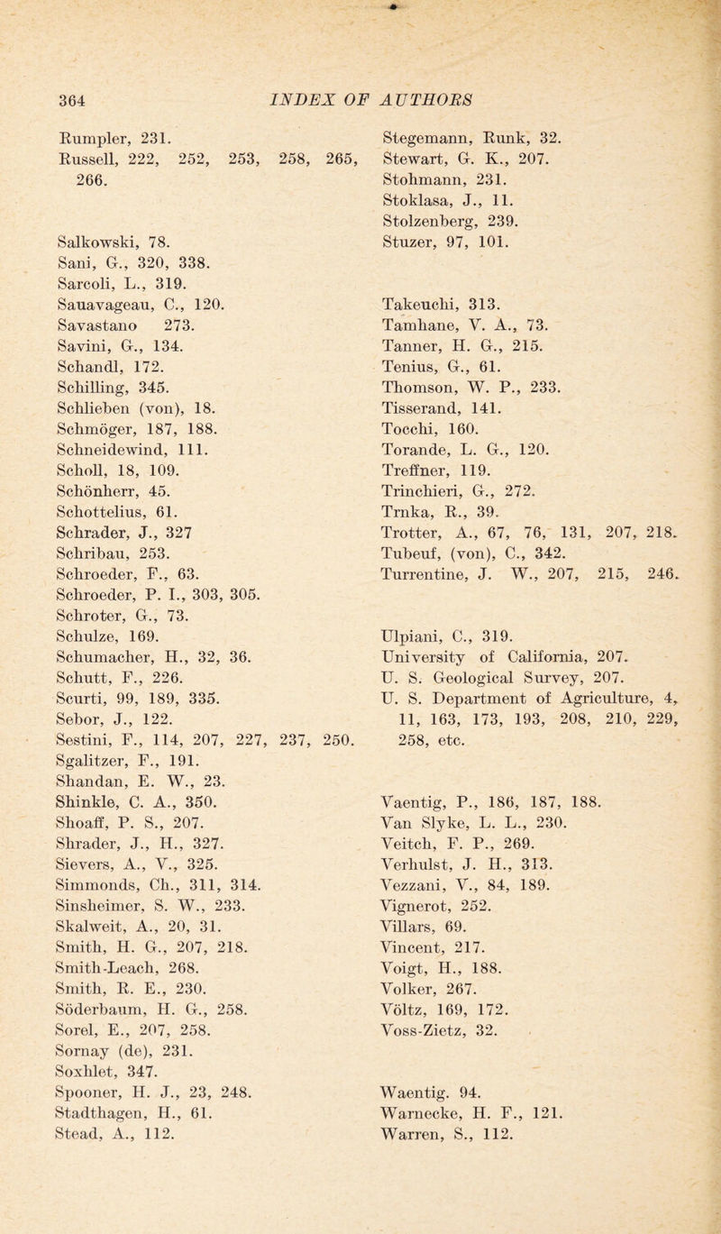 Rumpler, 231. Russell, 222, 252, 253, 258, 265, 266. Salkowski, 78. Sani, G., 320, 338. Sarcoli, L., 319. Sauavageau, C., 120. Savastano 273. Savini, G., 134. Schandl, 172. Schilling, 345. Schliehen (von), 18. Schmoger, 187, 188. Schneidewind, 111. Scholl, 18, 109. Schonherr, 45. Schottelius, 61. Schrader, J., 327 Schribau, 253. Schroeder, F., 63. Schroeder, P. I., 303, 305. Schroter, Gr., 73. Schulze, 169. Schumacher, H., 32, 36. Schutt, F., 226. Scurti, 99, 189, 335. Sebor, J., 122. Sestini, F., 114, 207, 227, 237, 250. Sgalitzer, F., 191. Shandan, E. W., 23. Shinkle, C. A., 350. Shoaff, P. S., 207. Shrader, J., H., 327. Sievers, A., V., 325. Simmonds, Ch., 311, 314. Sinsheimer, S. W., 233. Skalweit, A., 20, 31. Smith, H. Gb, 207, 218. Smith-Leach, 268. Smith, R. E., 230. Soderbaum, II. Gb, 258. Sorel, E., 207, 258. Sornay (de), 231. Soxhlet, 347. Spooner, H. J., 23, 248. Stadthagen, H., 61. Stead, A., 112. Stegemann, Runk, 32. Stewart, G. K., 207. Stohmann, 231. Stoklasa, J., 11. Stolzenberg, 239. Stuzer, 97, 101. Takeuchi, 313. Tamhane, V. A., 73. Tanner, H. G., 215. Tenius, G., 61. Thomson, W. P., 233. Tisserand, 141. Tocchi, 160. Torande, L. G., 120. Treffner, 119. Trinchieri, G., 272. Trnka, R., 39. Trotter, A., 67, 76, 131, 207, 218 Tubeuf, (von), C., 342. Turrentine, J. W., 207, 215, 246 Ulpiani, C., 319. University of California, 207. U. S. Geological Survey, 207. U. S. Department of Agriculture, 4 11, 163, 173, 193, 208, 210, 229 258, etc. Vaentig, P., 186, 187, 188. Van Slyke, L. L., 230. Veitch, F. P., 269. Verhulst, J. H., 313. Vezzani, V., 84, 189. Vignerot, 252. Villars, 69. Vincent, 217. Voigt, H., 188. Volker, 267. Voltz, 169, 172. Voss-Zietz, 32. Waentig. 94. Warnecke, H. F., 121. Warren, S., 112.