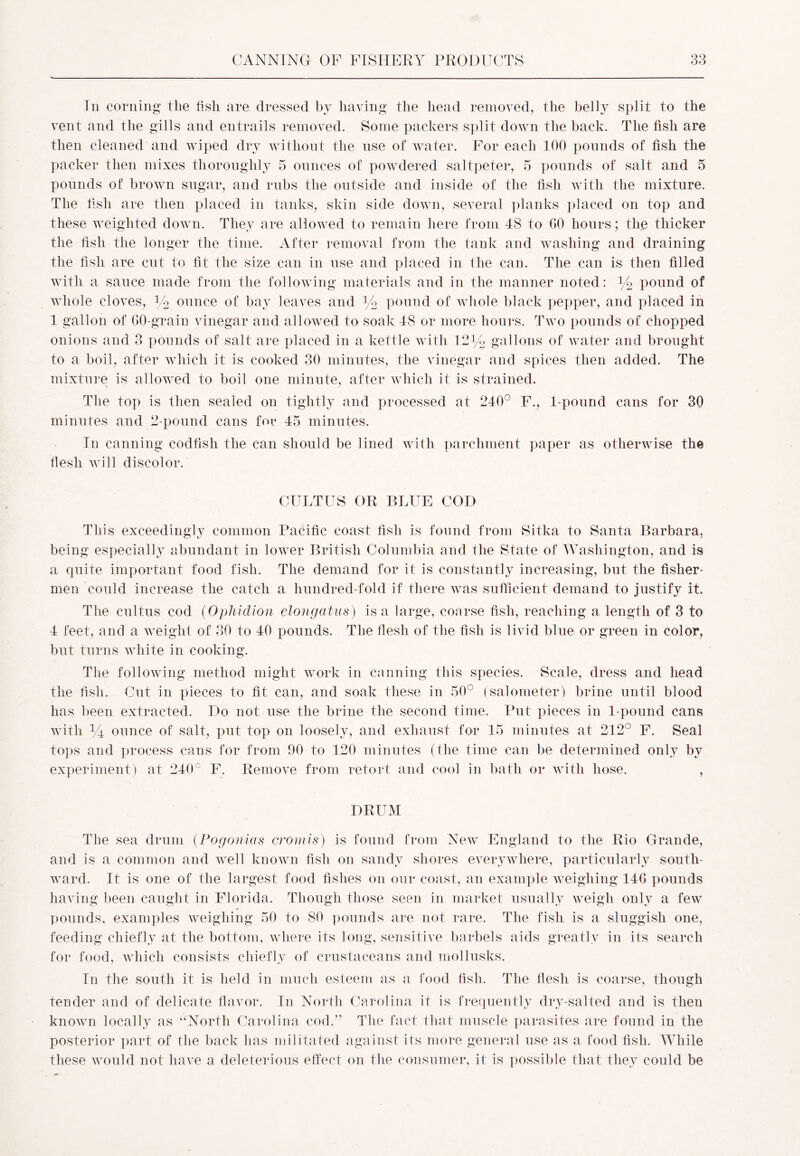 In corning the fish are dressed by having the head removed, the belly split to the vent and the gills and entrails removed. Some packers split down the back. The fish are then cleaned and wiped dry without the use of water. For each 100 pounds of fish the packer then mixes thoroughly 5 ounces of powdered saltpeter, 5 pounds of salt and 5 pounds of brown sugar, and rubs the outside and inside of the fish with the mixture. The fish are then placed in tanks, skin side down, several planks placed on top and these weighted down. They are allowed to remain here from 48 to GO hours; the thicker the fish the longer the time. After removal from the tank and washing and draining the fish are cut to fit the size can in use and placed in the can. The can is then filled with a sauce made from the following materials and in the manner noted: % pound of whole cloves, V2 ounce of bay leaves and % pound of whole black pepper, and placed in 1 gallon of 60-grain vinegar and allowed to soak 48 or more hours. Two pounds of chopped onions and 3 pounds of salt are placed in a kettle with 121/2 gallons of water and brought to a boil, after which it is cooked 30 minutes, the vinegar and spices then added. The mixture is allowed to boil one minute, after which it is strained. The top is then sealed on tightly and processed at 240° F., 1-pound cans for 30 minutes and 2-pound cans for 45 minutes. In canning codfish the can should be lined with parchment paper as otherwise the flesh will discolor. CULT US OR BLUE COD This exceedingly common Pacific coast fish is found from Sitka to Santa Barbara, being especially abundant in lower British Columbia and the State of Washington, and is a qnite important food fish. The demand for it is constantly increasing, but the fisher- men could increase the catch a hundred-fold if there was sufficient demand to justify it. The cultus cod (Ophidion elongatus) is a large, coarse fish, reaching a length of 3 to 4 feet, and a weight of 30 to 40 pounds. The flesh of the fish is livid blue or green in color, but turns white in cooking. The following method might work in canning this species. Scale, dress and head the fish. Cut in pieces to fit can, and soak these in 50° (salometer) brine until blood has been extracted. Do not use the brine the second time. Put pieces in 1-pound cans with % ounce of salt, put top on loosely, and exhaust for 15 minutes at 212° F. Seal tops and process cans for from 90 to 120 minutes (the time can be determined only by experiment ) at 240c F. Remove from retort and cool in bath or with hose. , DRUM The sea drum (Pogonias cromis) is found from New England to the Rio Grande, and is a common and well known fish on sandy shores everywhere, particularly south- ward. It is one of the largest food fishes on our coast, an example weighing 14G pounds having been caught in Florida. Though those seen in market usually weigh only a few pounds, examples weighing 50 to 80 pounds are not rare. The fish is a sluggish one, feeding chiefly at the bottom, where its long, sensitive barbels aids greatly in its search for food, which consists chiefly of crustaceans and mollusks. In the south it is held in much esteem as a food fish. The flesh is coarse, though tender and of delicate flavor. In North Carolina it is frequently dry-salted and is then known locally as “North Carolina cod.” The fact that muscle parasites are found in the posterior part of the back has militated against its more general use as a food fish. While these would not have a deleterious effect on the consumer, it is possible that they could be