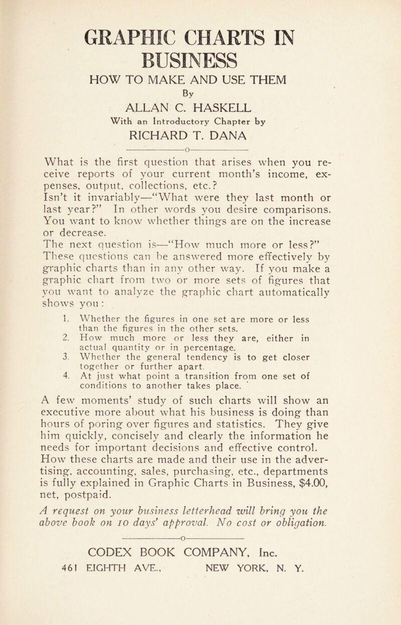 GRAPHIC CHARTS IN BUSINESS HOW TO MAKE AND USE THEM By ALLAN C. HASKELL With an Introductory Chapter by RICHARD T. DANA o What is the first question that arises when you re- ceive reports of your current month’s income, ex- penses, output, collections, etc.? Isn’t it invariably—“What were they last month or last year?” In other words you desire comparisons. You want to know whether things are on the increase or decrease. The next question is—“How much more or less?” These questions can be answered more effectively by graphic charts than in any other way. If you make a graphic chart from two or more sets of figures that you want to analyze the graphic chart automatically shows you : 1. Whether the figures in one set are more or less than the figures in the other sets. 2. How much more or less they are, either in actual quantity or in percentage. 3. Whether the general tendency is to get closer together or further apart. 4. At just what point a transition from one set of conditions to another takes place. A few moments’ study of such charts will show an executive more about what his business is doing than hours of poring over figures and statistics. They give him quickly, concisely and clearly the information he needs for important decisions and effective control. How these charts are made and their use in the adver- tising, accounting, sales, purchasing, etc., departments is fully explained in Graphic Charts in Business, $4.00, net, postpaid. A request on your business letterhead will bring you the above book on io days’ approval. No cost or obligation. o CODEX BOOK COMPANY, Inc.