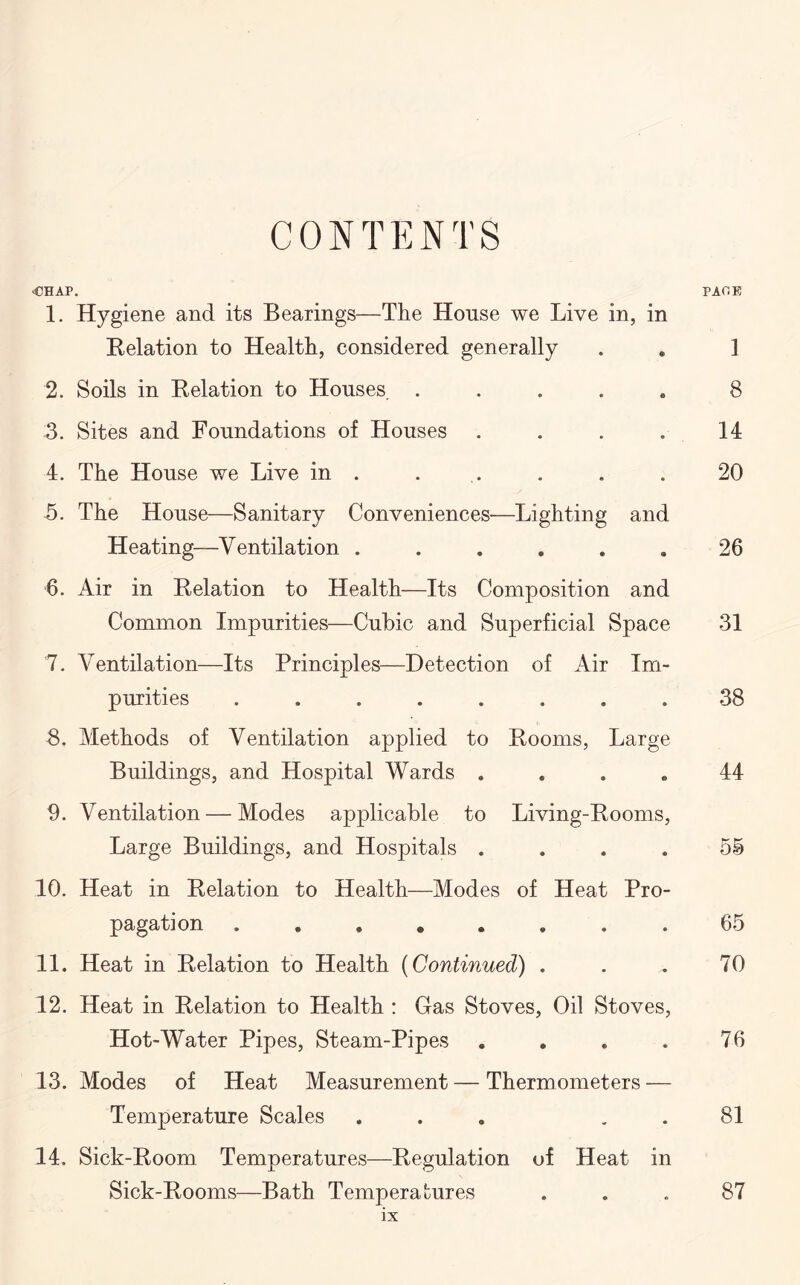 CONTENTS CHAP. PAGE 1. Hygiene and its Bearings—The Honse we Live in, in Relation to Health, considered generally . . 1 2. Soils in Relation to Houses. ..... 8 3. Sites and Foundations of Houses . . . . 14 4. The House we Live in . . . . . .20 5. The House—Sanitary Conveniences—Lighting and Heating—Ventilation ...... 26 6. Air in Relation to Health—Its Composition and Common Impurities—Cubic and Superficial Space 31 7. Ventilation—Its Principles—Detection of Air Im¬ purities ........ 38 8. Methods of Ventilation applied to Rooms, Large Buildings, and Hospital Wards .... 44 9. Ventilation — Modes applicable to Living-Rooms, Large Buildings, and Hospitals .... 51 10. Heat in Relation to Health—Modes of Heat Pro¬ pagation ........ 65 11. Heat in Relation to Health (Continued) . . 70 12. Heat in Relation to Health : Gas Stoves, Oil Stoves, Hot-Water Pipes, Steam-Pipes . . . . 76 13. Modes of Heat Measurement — Thermometers — Temperature Scales ... 81 14. Sick-Room Temperatures—Regulation of Heat in Sick-Rooms—Bath Temperatures 87