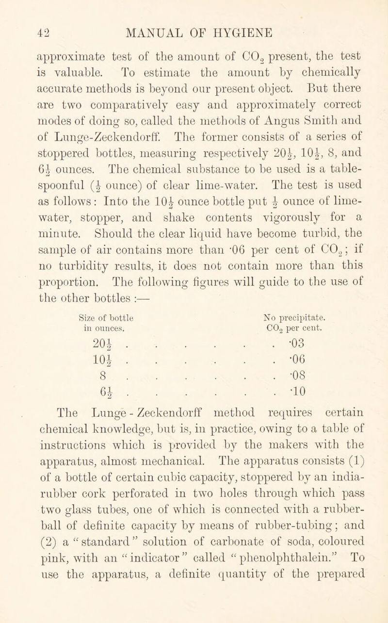 approximate test of the amount of C02 present, the test is valuable. To estimate the amount by chemically accurate methods is beyond our present object. But there are two comparatively easy and approximately correct modes of doing so, called the methods of Angus Smith and of Lunge-Zeckendorff. The former consists of a series of stoppered bottles, measuring respectively 20J, 10J, 8, and 6| ounces. The chemical substance to be used is a table¬ spoonful (J ounce) of clear lime-water. The test is used as follows : Into the 10 J ounce bottle put \ ounce of lime- water, stopper, and shake contents vigorously for a minute. Should the clear liquid have become turbid, the sample of air contains more than *06 per cent of C02; if no turbidity results, it does not contain more than this proportion. The following figures will guide to the use of the other bottles :— Size of bottle in ounces. 20i . 10i . 8 . 61 . No precipitate. C02 per cent. . *03 . *06 . -08 . TO The Lunge - Zeckendorff method requires certain chemical knowledge, but is, in practice, owing to a table of instructions which is provided by the makers with the apparatus, almost mechanical. The apparatus consists (1) of a bottle of certain cubic capacity, stoppered by an india- rubber cork perforated in two holes through which pass two glass tubes, one of which is connected with a rubber- ball of definite capacity by means of rubber-tubing; and (2) a “ standard ” solution of carbonate of soda, coloured pink, with an “ indicator ” called “ phenolphthaleinY To use the apparatus, a definite quantity of the prepared