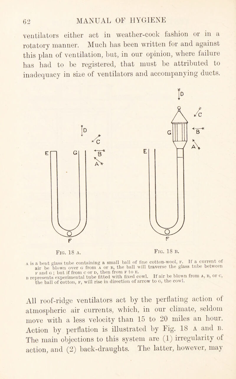 ventilators either act in weatlier-eock fashion or in a rotatory manner. Much has been written for and against this plan of ventilation, but, in our opinion, where failure has had to be registered, that must be attributed to inadequacy in size of ventilators and accompanying ducts. Fig. 18 a. Fig. 18 b. a is a bent glass tube containing a small ball of tine cotton-wool, f. II a current of air be blown over g from a or b, the ball will traverse the glass tube between f and g ; but if from c or d, then from f to e. b represents experimental tube fitted with fixed cowl. If air be blown from a, b, or c, the ball of cotton, f, will rise in direction of arrow to g, the cowl. All roof-ridge ventilators act by the perflating action oi atmospheric air currents, which, in our climate, seldom move with a less velocity than 15 to 20 miles an hour. Action by perflation is illustrated by Fig. 18 A and B. The main objections to this system are (1) irregularity of action, and (2) back-draughts. The latter, however, may