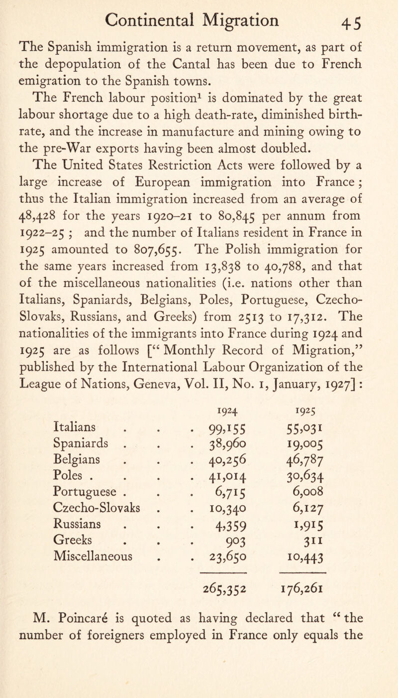 The Spanish immigration is a return movement, as part of the depopulation of the Cantal has been due to French emigration to the Spanish towns. The French labour position^ is dominated by the great labour shortage due to a high death-rate, diminished birth¬ rate, and the increase in manufacture and mining owing to the pre-War exports having been almost doubled. The United States Restriction Acts were followed by a large increase of European immigration into France; thus the Italian immigration increased from an average of 48,428 for the years 1920-21 to 80,845 annum from 1922-25 ; and the number of Italians resident in France in 1925 amounted to 807,655. The Polish immigration for the same years increased from 13,838 to 40,788, and that of the miscellaneous nationalities (i.e. nations other than Italians, Spaniards, Belgians, Poles, Portuguese, Czecho¬ slovaks, Russians, and Greeks) from 2513 to 17,312. The nationalities of the immigrants into France during 1924 and 1925 are as follows Monthly Record of Migration,” published by the International Labour Organization of the League of Nations, Geneva, Vol. II, No. i, January, 1927] : 1924 1925 Italians • 99>i55 S5>03i Spaniards • 38,960 19,005 Belgians . 40,256 46,787 Poles . . 41,014 30,634 Portuguese . • 6,715 6,008 Czecho-Slovaks • 10,340 6,127 Russians • 4359 1,915 Greeks 903 311 Miscellaneous . 23,650 10,443 265,352 176,261 M. Poincare is quoted as having declared that the number of foreigners employed in France only equals the