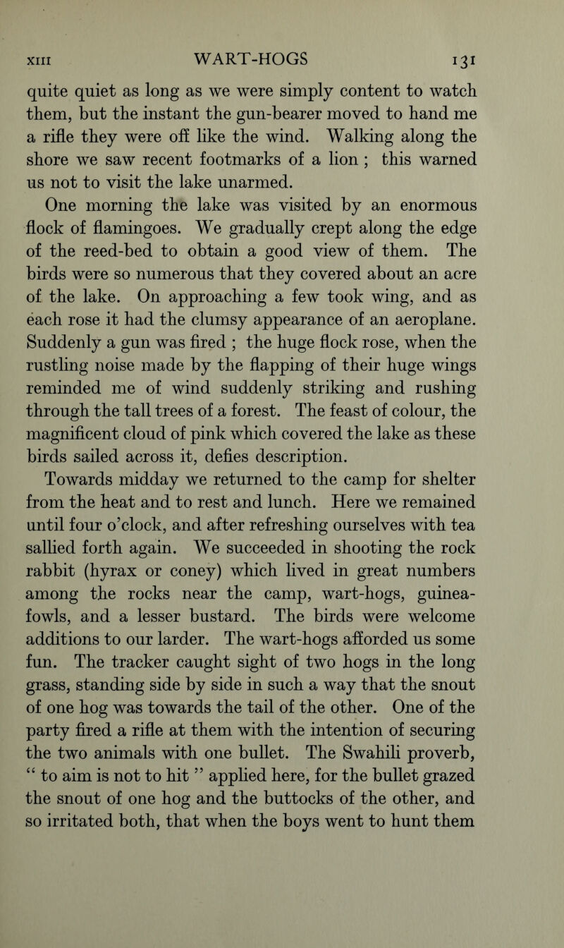 quite quiet as long as we were simply content to watch them, but the instant the gun-bearer moved to hand me a rifle they were off like the wind. Walking along the shore we saw recent footmarks of a lion ; this warned us not to visit the lake unarmed. One morning the lake was visited by an enormous flock of flamingoes. We gradually crept along the edge of the reed-bed to obtain a good view of them. The birds were so numerous that they covered about an acre of the lake. On approaching a few took wing, and as each rose it had the clumsy appearance of an aeroplane. Suddenly a gun was fired ; the huge flock rose, when the rustling noise made by the flapping of their huge wings reminded me of wind suddenly striking and rushing through the tall trees of a forest. The feast of colour, the magnificent cloud of pink which covered the lake as these birds sailed across it, defies description. Towards midday we returned to the camp for shelter from the heat and to rest and lunch. Here we remained until four o’clock, and after refreshing ourselves with tea sallied forth again. We succeeded in shooting the rock rabbit (hyrax or coney) which lived in great numbers among the rocks near the camp, wart-hogs, guinea- fowls, and a lesser bustard. The birds were welcome additions to our larder. The wart-hogs afforded us some fun. The tracker caught sight of two hogs in the long grass, standing side by side in such a way that the snout of one hog was towards the tail of the other. One of the party fired a rifle at them with the intention of securing the two animals with one bullet. The Swahili proverb, “ to aim is not to hit ” applied here, for the bullet grazed the snout of one hog and the buttocks of the other, and so irritated both, that when the boys went to hunt them
