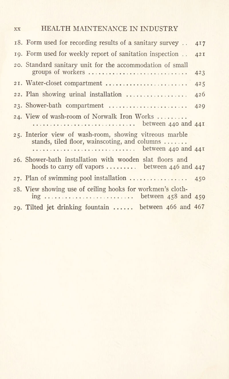 18. Form used for recording results of a sanitary survey . . 417 19. Form used for weekly report of sanitation inspection . . 421 20. Standard sanitary unit for the accommodation of small groups of workers. 423 21. Water-closet compartment. 425 22. Plan showing urinal installation . 426 23. Shower-bath compartment . 429 24. View of wash-room of Norwalk Iron Works. . between 440 and 441 25. Interior view of wash-room, showing vitreous marble stands, tiled floor, wainscoting, and columns. . between 440 and 441 26. Shower-bath installation with wooden slat floors and hoods to carry off vapors. between 446 and 447 27. Plan of swimming pool installation. 450 28. View showing use of ceiling hooks for workmen’s cloth¬ ing . between 458 and 459 29. Tilted jet drinking fountain. between 466 and 467