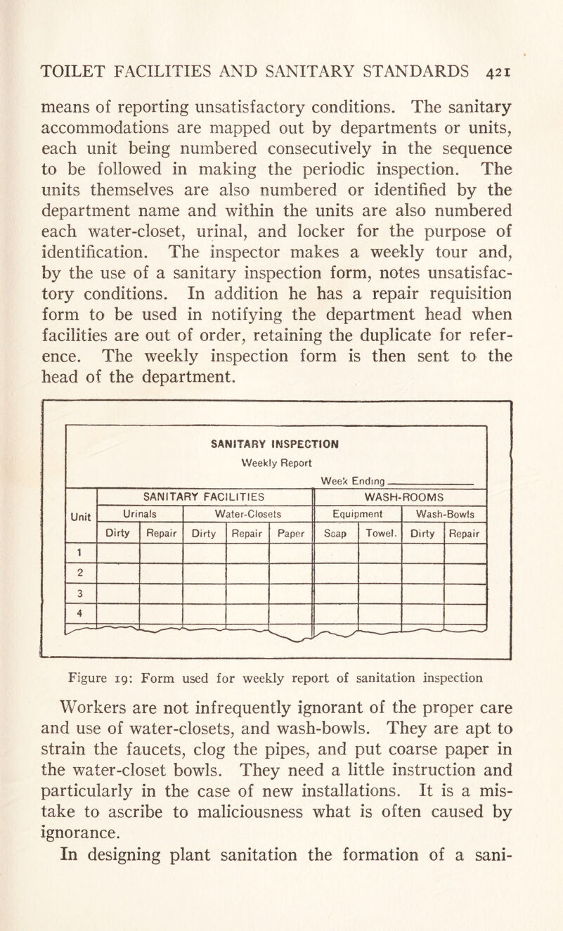 means of reporting unsatisfactory conditions. The sanitary accommodations are mapped out by departments or units, each unit being numbered consecutively in the sequence to be followed in making the periodic inspection. The units themselves are also numbered or identified by the department name and within the units are also numbered each water-closet, urinal, and locker for the purpose of identification. The inspector makes a weekly tour and, by the use of a sanitary inspection form, notes unsatisfac¬ tory conditions. In addition he has a repair requisition form to be used in notifying the department head when facilities are out of order, retaining the duplicate for refer¬ ence. The weekly inspection form is then sent to the head of the department. SANITARY INSPECTION Weekly Report Week Ending Unit SANITARY FACILITIES WASH-ROOMS Urinals Water-Closets Equipment Wash-Bowls Dirty Repair Dirty Repair Paper Soap Towel. Dirty Repair 1 2 3 4 Figure 19: Form used for weekly report of sanitation inspection Workers are not infrequently ignorant of the proper care and use of water-closets, and wash-bowls. They are apt to strain the faucets, clog the pipes, and put coarse paper in the water-closet bowls. They need a little instruction and particularly in the case of new installations. It is a mis¬ take to ascribe to maliciousness what is often caused by ignorance. In designing plant sanitation the formation of a sani-