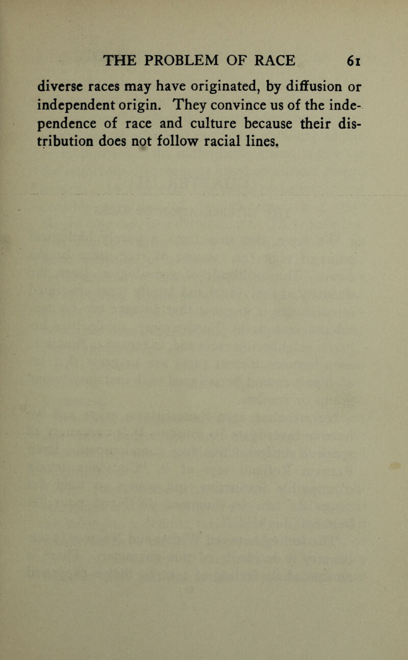 diverse races may have originated, by diffusion or independent origin. They convince us of the inde- pendence of race and culture because their dis- tribution does not follow racial lines,