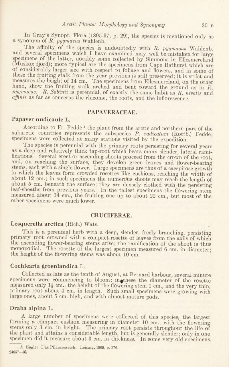 In Gray^s Synopt. Flora (1895-97, p. 29), the species is mentioned only as a synonym of R. pygmaeus Wahlenb. The affinity^ of the species is undoubtedly with R. pygmaeus Wahlenb. and several specimens which I have examined may well be mistaken for large specimens of the latter, notably some collected by Simmons in Ellesmereland (Muskox fjord); more typical are the specimens from Cape Bathurst which are of considerably larger size with respect to foliage and flowers, and in some of these the fruiting stalk from the year previous is still preserved; it is strict and measures the height of 14 cm. The specimens from Ellesmereland, on the other hand, show the fruiting stalk arched and bent toward the ground as in R. pygmaeus. R. Sabinii is perennial, of exactly the same habit as R. nivalis and affinis as far as concerns the rhizome, the roots, and the inflorescence. PAPAVERAGEAE. Papaver nudicaule L. According to Fr. Fedde ^ the plant from the arctic and northern part of the subarctic countries represents the subspecies P. radicatum (Rottb.) Fedde; specimens were collected at many stations visited by the expedition. The species is perennial with the primary roots persisting for several years as a deep and relatively thick tap-root which bears many slender, lateral rami¬ fications. Several erect or ascending shoots proceed from the crown of the root, and, on reaching the surface, they develop green leaves and flower-bearing stems, each with a single flower. Large specimens are thus of a caespitose growth in which the leaves form crowded rosettes like cushions, reaching the width of about 12 cm.; in such specimens the numercTus shoots may reach the length of about 5 cm. beneath the surface; they are densely clothed with the persisting leaf-sheaths from previous years. In the tallest specimens the flowering stem measured about 14 cm., the fruiting one up to about 22 cm., but most of the other specimens were much lower. CRUCIFERAE. Lesquerella arctica (Rich.) Wats. This is a perennial herb with a deep, slender, freely branching, persisting primary root crowned with a compact rosette of leaves from the axils of which the ascending flower-bearing stems arise; the ramification of the shoot is thus monopodial. The rosette of the largest specimen measured 6 cm. in diameter; the height of the flowering stems was about 10 cm. Cochlearia groenlandica L. Collected as late as the tenth of August, at Bernard harbour, several minute specimens were commencing to bloom; in^these the diameter of the rosette measured only Ij cm., the height of the flowering stem 1 cm., and the very thin, primary root about 4 cm. in length. Such small specimens were growing with large ones, about 5 cm. high, and with almost mature pods. Draba alpina L. A large number of specimens were collected of this species, the largest forming a compact cushion measuring in diameter 10 cm., with the flowering stems only 3 cm. in height.^ The primary root persists throughout the life of the plant and attains a considerable length, but is generally slender; only in one specimen did it measure about 3 cm. in thickness. In some very old specimens 1 A. Engler; Das Pflanzenreich. Leipzig, 1909, p. 376, 24657—3^