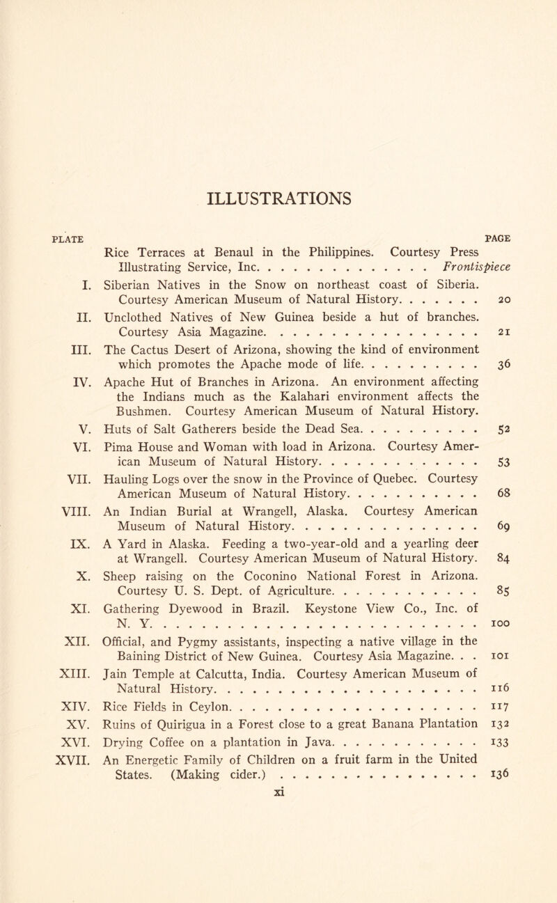 ILLUSTRATIONS PLATE PAGE Rice Terraces at Benaul in the Philippines. Courtesy Press Illustrating Service, Inc.Frontispiece I. Siberian Natives in the Snow on northeast coast of Siberia. Courtesy American Museum of Natural History. 20 II. Unclothed Natives of New Guinea beside a hut of branches. Courtesy Asia Magazine. 21 III. The Cactus Desert of Arizona, showing the kind of environment which promotes the Apache mode of life. 36 IV. Apache Hut of Branches in Arizona. An environment affecting the Indians much as the Kalahari environment affects the Bushmen. Courtesy American Museum of Natural History. V. Huts of Salt Gatherers beside the Dead Sea. 52 VI. Pima House and Woman with load in Arizona. Courtesy Amer¬ ican Museum of Natural History. 53 VH. Hauling Logs over the snow in the Province of Quebec. Courtesy American Museum of Natural History. 68 VHI. An Indian Burial at Wrangell, Alaska. Courtesy American Museum of Natural History. 69 IX. A Yard in Alaska. Feeding a two-year-old and a yearling deer at Wrangell. Courtesy American Museum of Natural History. 84 X. Sheep raising on the Coconino National Forest in Arizona. Courtesy U. S. Dept, of Agriculture. 85 XI. Gathering Dyewood in Brazil. Keystone View Co., Inc. of N. Y.100 XH. Official, and Pygmy assistants, inspecting a native village in the Baining District of New Guinea. Courtesy Asia Magazine. . . loi XHI. Jain Temple at Calcutta, India. Courtesy American Museum of Natural History.116 XIV. Rice Fields in Ceylon.ii? XV. Ruins of Quirigua in a Forest close to a great Banana Plantation 132 XVI. Drying Coffee on a plantation in Java.i33 XVH. An Energetic Family of Children on a fruit farm in the United States. (Making cider.).136