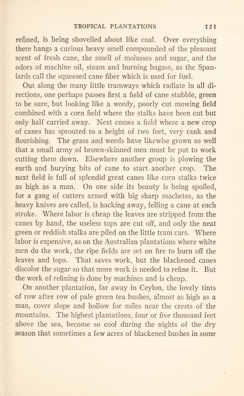 refined, is being shovelled about like coal. Over everything there hangs a curious heavy smell compounded of the pleasant scent of fresh cane, the smell of molasses and sugar, and the odors of machine oil, steam and burning bagass, as the Span¬ iards call the squeezed cane fiber which is used for fuel. Out along the many little tramways which radiate in all di¬ rections, one perhaps passes first a field of cane stubble, green to be sure, but looking like a weedy, poorly cut mowing field combined with a corn field where the stalks have been cut but only half carried away. Next comes a field where a new crop of canes has sprouted to a height of two feet, very rank and flourishing. The grass and weeds have likewise grown so well that a small army of brown-skinned men must be put to work cutting them down. Elsewhere another group is plowing the earth and burying bits of cane to start another crop. The next field is full of splendid great canes like corn stalks twice as high as a man. On one side its beauty is being spoiled, for a gang of cutters armed with big sharp machetes, as the heavy knives are called, is hacking away, felling a cane at each stroke. Where labor is cheap the leaves are stripped from the canes by hand, the useless tops are cut off, and only the neat green or reddish stalks are piled on the little tram cars. Where labor is expensive, as on the Australian plantations where white men do the work, the ripe fields are set on fire to burn off the leaves and tops. That saves work, but the blackened canes discolor the sugar so that more work is needed to refine it. But the work of refining is done by machines and is cheap. On another plantation, far away in Ceylon, the lovely tints of row after row of pale green tea bushes, almost as high as a man, cover slope and hollow for miles near the crests of the mountains. The highest plantations, four or five thousand feet above the sea, become so cool during the nights of the dry season that sometimes a few acres of blackened bushes in some