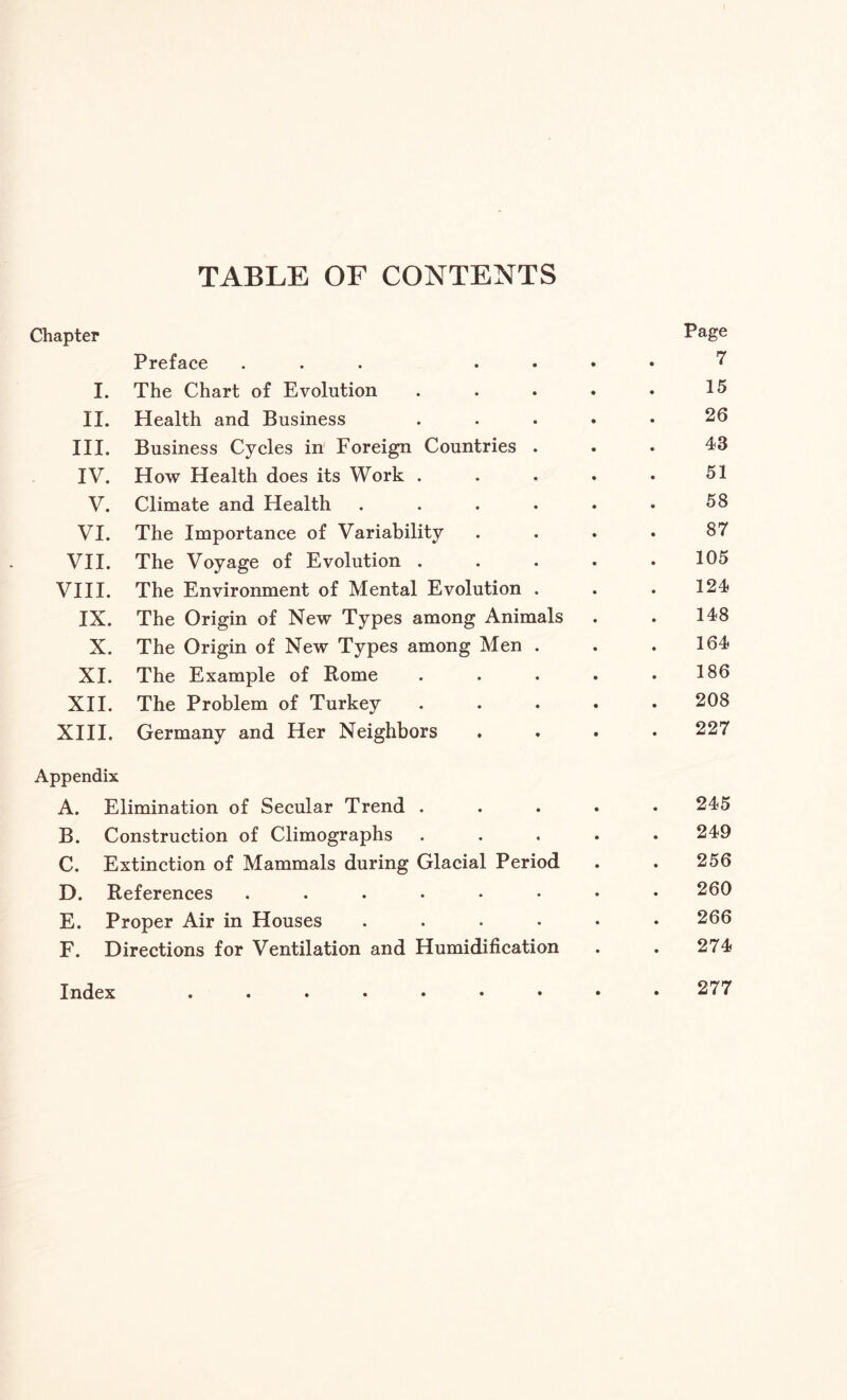 TABLE OF CONTENTS Chapter Page Preface ... .... 7 I. The Chart of Evolution . . . . . 15 II. Health and Business ..... 26 III. Business Cycles in Foreign Countries ... 43 IV. How Health does its Work . . . . • 51 V. Climate and Health . . . . . • 58 VI. The Importance of Variability .... 87 VII. The Voyage of Evolution . . . . .105 VIII. The Environment of Mental Evolution . . .124 IX. The Origin of New Types among Animals . . 148 X. The Origin of New Types among Men . . .164 XI. The Example of Rome . . . . .186 XII. The Problem of Turkey ..... 208 XIII. Germany and Her Neighbors . . . • 227 Appendix A. Elimination of Secular Trend ..... 245 B. Construction of Climographs ..... 249 C. Extinction of Mammals during Glacial Period . . 256 D. References 260 E. Proper Air in Houses ...... 266 F. Directions for Ventilation and Humidification . . 274 Index 277