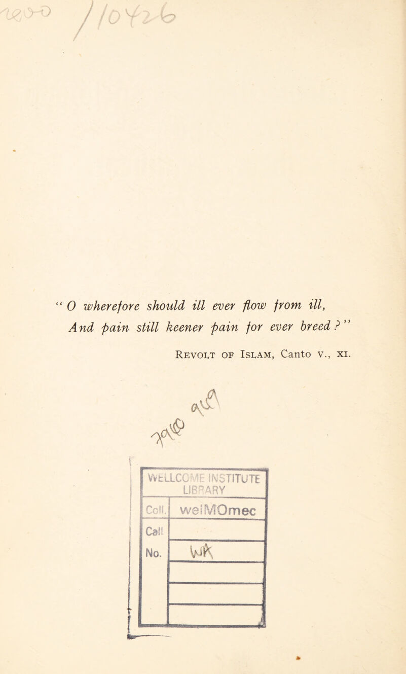 “ 0 wherefore should ill ever flow from ill, And pain still keener pain for ever breed?” Revolt of Islam, Canto v., xi. WtLLCGME INSTITUTE LIBRARY Cell. weiMOmec Call No.