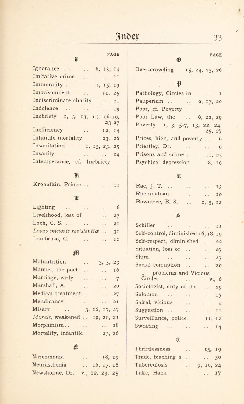 3nt>ey 33 PAGE 3 Ignorance . . . . 6, 13, 14 Imitative crime . . 11 Immorality .. 1, 15, 19 Imprisonment 11, 25 Indiscriminate charity • • 21 Indolence • • 19 Inebriety 1, 3, 13, 15, 16- 19, 23-27 Inefficiency 12, 14 Infantile mortality 23, 26 Insanitation 1, 15, 23, 25 Insanity • • 24 Intemperance, cf. Inebriety fi Kropotkin, Prince .. 11 Lighting 6 Livelihood, loss of 27 Loch, C. S. . . 21 Locus minor is resistentics 3i Lombroso, C. 11 ffi Malnutrition . . 3 } 5> 23 Manuel, the poet . . • . 16 Marriage, early • . 7 Marshall, A. • . 20 Medical treatment . . • • 27 Mendicancy • • 21 Misery .. 3, 16, 17, 27 Morale, weakened .. 19, 20, 21 Morphinism • • 18 Mortality, infantile 23, 26 & Narcomania 18, 19 Neurasthenia . . 16, 17, 18 PAGE <& Over-crowding 15, 24, 25, 26 # Pathology, Circles in 1 Pauperism . . .. 9, 17, 20 Poor, cf. Poverty Poor Law, the . . 6, 20, 29 Poverty 1, 3, 5-7, 13, 22, 24, 25, 27 Prices, high, and poverty .. 6 Priestley, Dr. .. .. 9 Prisons and crime .. 11, 25 Psychica depression 8, 19 ft Rae, j. T. . . .. .. 13 Rheumatism . . . . 10 Rowntree, B. S. . . 2, 5, 12 £ Schiller .. . . . . 11 Self-control, diminished 16, 18, 19 Self-respect, diminished .. 22 Situation, loss of . . . . 27 Slum . . . . 27 Social corruption . . .. 20 ,, problems and Vicious Circles . . . . v., 6 Sociologist, duty of the . . 29 Solomon . . . . 17 Spiral, vicious . . . . 2 Suggestion . . .. . . 11 Surveillance, police 11, 12 Sweating . . . . .. 14 w Thriftlessness .. 15, 19 Trade, teaching a .. .. 30 Tuberculosis . . 9, 10, 24