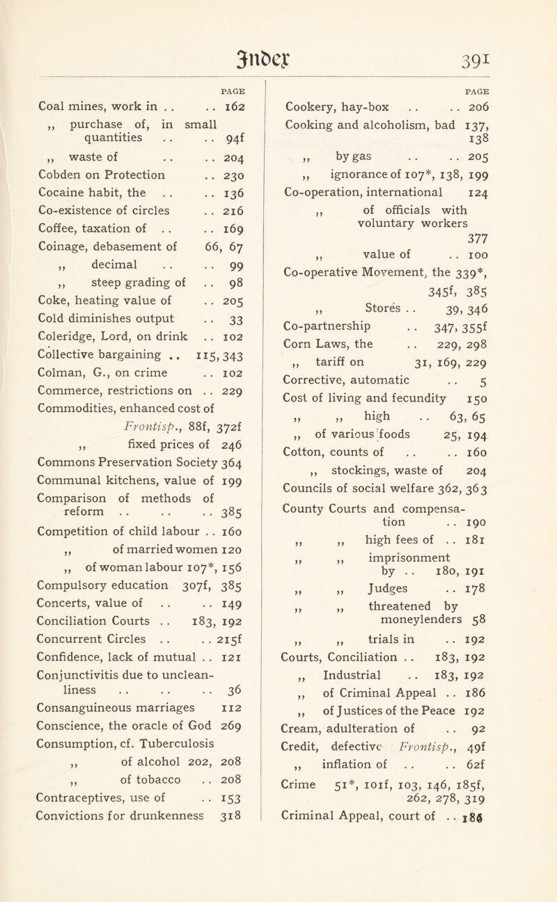 PAGE Coal mines, work in . . . . 162 ,, purchase of, in small quantities . . . . 94f ,, waste of . . .. 204 Cobden on Protection . . 230 Cocaine habit, the . . . . 136 Co-existence of circles . . 216 Coffee, taxation of . . 169 Coinage, debasement of 66, 67 ,, decimal . . . . 99 ,, steep grading of . . 98 Coke, heating value of . . 205 Cold diminishes output . . 33 Coleridge, Lord, on drink . . 102 Collective bargaining .. 115,343 Colman, G., on crime . . 102 Commerce, restrictions on . . 229 Commodities, enhanced cost of Frontisp., 88f, 372f ,, fixed prices of 246 Commons Preservation Society 364 Communal kitchens, value of 199 Comparison of methods of reform . . . . . . 385 Competition of child labour . . 160 ,, of married women 120 „ of woman labour 107*, 156 Compulsory education 307f, 385 Concerts, value of . . . . 149 Conciliation Courts . . 183, 192 Concurrent Circles . . . . 2i5f Confidence, lack of mutual . . 121 Conjunctivitis due to unclean¬ liness . . . . 36 Consanguineous marriages 112 Conscience, the oracle of God 269 Consumption, cf. Tuberculosis ,, of alcohol 202, 208 ,, of tobacco . . 208 Contraceptives, use of . . 153 Convictions for drunkenness 318 PAGE Cookery, hay-box . . . . 206 Cooking and alcoholism, bad 137, 138 ,, by gas .. .. 205 ,, ignorance of 107*, 138, 199 Co-operation, international 124 ,, of officials with voluntary workers 377 ,, value of .. 100 Co-operative Movement, the 339*, 345f, 385 ,, Stores . . 39, 346 Co-partnership . . 347, 355f Corn Laws, the . . 229, 298 ,, tariff on 31, 169, 229 Corrective, automatic . . 5 Cost of living and fecundity 150 » » hiSh • • 63, 65 ,, of various foods 25, 194 Cotton, counts of . . . . 160 ,, stockings, waste of 204 Councils of social welfare 362, 363 County Courts and compensa¬ tion . . 190 ,, ,, high fees of . . 181 ,, ,, imprisonment by . . 180, 191 „ „ Judges . . 178 ,, ,, threatened by moneylenders 58 ,, ,, trials in .. 192 Courts, Conciliation . . 183, 192 ,, Industrial . . 183, 192 ,, of Criminal Appeal .. 186 ,, of Justices of the Peace 192 Cream, adulteration of 92 Credit, defective Frontisp., 49f „ inflation of . . . . 62f Crime 51*, xoif, 103, 146, i85f, 262, 278, 319 Criminal Appeal, court of .. 186
