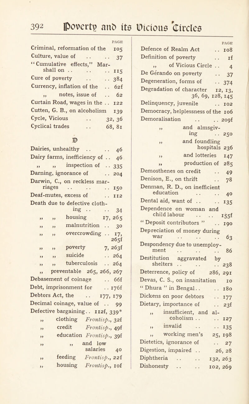 PAGE Criminal, reformation of the 105 Culture, value of .. 37 “ Cumulative effects,” Mar¬ shall on . . .. .. 115 Cure of poverty . . . . 384 Currency, inflation of the . . 62f ,, notes, issue of 62 Curtain Road, wages in the . . 122 Cutten, G. B., on alcoholism 139 Cycle, Vicious . . 32, 36 Cyclical trades .. 68, 81 2> Dairies, unhealthy . . .. 46 Dairy farms, inefficiency of .. 46 „ „ inspection of . . 335 Darning, ignorance of .. 204 Darwin, C., on reckless mar¬ riages .150 Deaf-mutes, excess of . . 112 Death due to defective cloth¬ ing . . . . 34 „ „ housing 17, 265 ,, ,, malnutrition . . 30 „ ,, overcrowding . . 17, 265f „ „ poverty 7, 263f ,, ,, suicide . . 264 ,, ,, tuberculosis . . 264 ,, preventable 265, 266, 267 Debasement of coinage . . 66f Debt, imprisonment for . . i76f Debtors Act, the .. 177, 179 Decimal coinage, value of .. 99 Defective bargaining. . ii2f, 339* 1) clothing Frontisp.y 32f yy credit Frontisp., 49f yy education Frontisp., 39f yy yy and low salaries 40 yy feeding Frontisp., 22f y> housing Frontisp., iof Defence of Realm Act PAGE . . 108 Definition of poverty if ,, of Vicious Circle 4 De Gerando on poverty • • 37 Degeneration, forms of •• 374 Degradation of character 12, 13, 36, 69, 128, 145 Delinquency, juvenile . . 102 Democracy, helplessness of the 106 Demoralisation . . . . 209f ,, and almsgiv¬ ing . . 250 ,, and foundling hospitals 236 ,, artd lotteries 147 „ production of 285 Demosthenes on credit • • 49 Denison, E., on thrift 4 • 78 Denman, R. D., on inefficient education • • 40 Dental aid, want of . . 135 Dependence on woman and child labour • • 155* “ Deposit contributors ” 190 Depreciation of money during war •. 63 Despondency due to unemploy- ment • • 86 Destitution aggravated by shelters 238 Deterrence, policy of 286, 291 Devas, C. S., on insanitation 10 “ Dhura ” in Bengal. . • • 180 Dickens on poor debtors • . 177 Dietary, importance of • . 23f ,, insufficient, and al- coholism . . . • 127 ,, invalid . . 135 ,, working men’s 25, 00 0 M Dietetics, ignorance of • . 27 Digestion, impaired . . 26 , 28 Diphtheria 132, 263 Dishonesty 102, 269