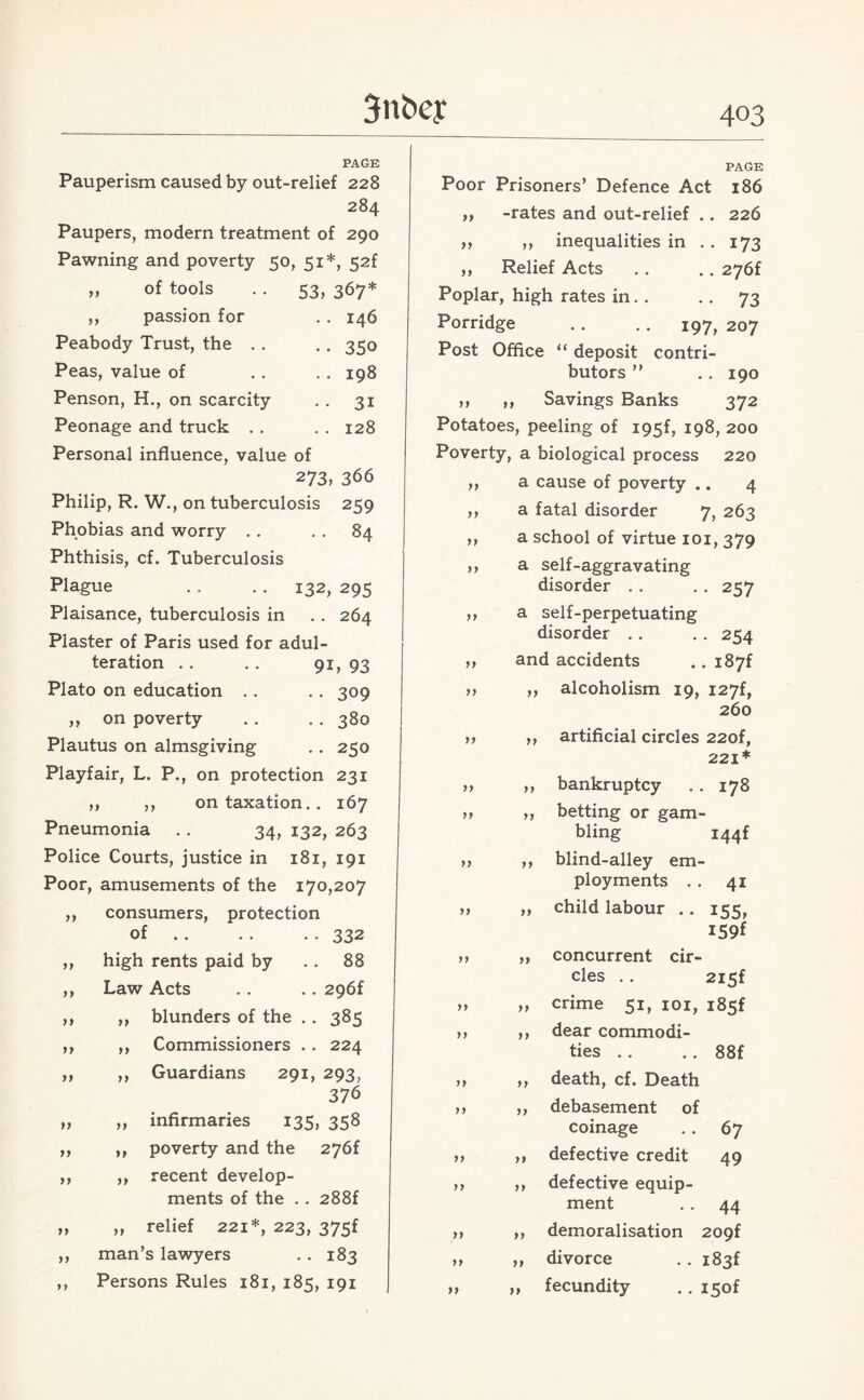 PAGE Pauperism caused by out-relief 228 284 Paupers, modern treatment of 290 Pawning and poverty 50, 51*, 52f ,, of tools 53, 367* ,, passion for .. 146 Peabody Trust, the . . •• 350 Peas, value of .. 198 Penson, H., on scarcity • • 3i Peonage and truck . . .. 128 Personal influence, value of 273, 366 Philip, R. W., on tuberculosis 259 Phobias and worry . . Phthisis, cf. Tuberculosis .. 84 Plague 132, 295 Plaisance, tuberculosis in .. 264 Piaster of Paris used for adul- teration 9i, 93 Plato on education .. .. 309 ,, on poverty • • 380 Plautus on almsgiving •. 250 Playfair, L. P., on protection 231 ,, ,, on taxation.. 167 Pneumonia . . 34, 132, 263 Police Courts, justice in 181, 191 Poor, amusements of the 170,207 ,, consumers, protection of.332 ,, high rents paid by .. 88 ,, Law Acts .. .. 296f ,, ,, blunders of the . . 385 ,, ,, Commissioners . . 224 ,, ,, Guardians 291, 293, 376 „ „ infirmaries 135, 358 ,, ,, poverty and the 276f ,, ,, recent develop¬ ments of the .. 288f „ „ relief 221*, 223, 375f ,, man’s lawyers . . 183 ,, Persons Rules 181, 185, 191 PAGE Poor Prisoners’ Defence Act 186 „ -rates and out-relief .. 226 ,, ,, inequalities in . . 173 ,, Relief Acts .. .. 276f Poplar, high rates in.. .. 73 Porridge . . .. 197, 207 Post Office “ deposit contri¬ butors ” .. 190 ,, ,, Savings Banks 372 Potatoes, peeling of I95f, 198, 200 Poverty, a biological process 220 ,, a cause of poverty .. 4 ,, a fatal disorder 7, 263 ,, a school of virtue 101, 379 ,, a self-aggravating disorder . . . . 257 ,, a self-perpetuating disorder . . . . 254 ,, and accidents .. i87f ,, ,, alcoholism 19, i27f, 260 ,, ,, artificial circles 22of, 221* „ ,, bankruptcy . . 178 >> „ betting or gam¬ bling i44f ,, blind-alley em¬ ployments .. 41 „ ,, child labour .. 155, I59f ,, „ concurrent cir¬ cles .. 2l5f „ ,, crime 51, 101, i85f »> ,, dear commodi- ties 88f death, cf. Death debasement of coinage 67 defective credit 49 defective equip¬ ment 44 demoralisation 209f divorce i83f fecundity I5°f