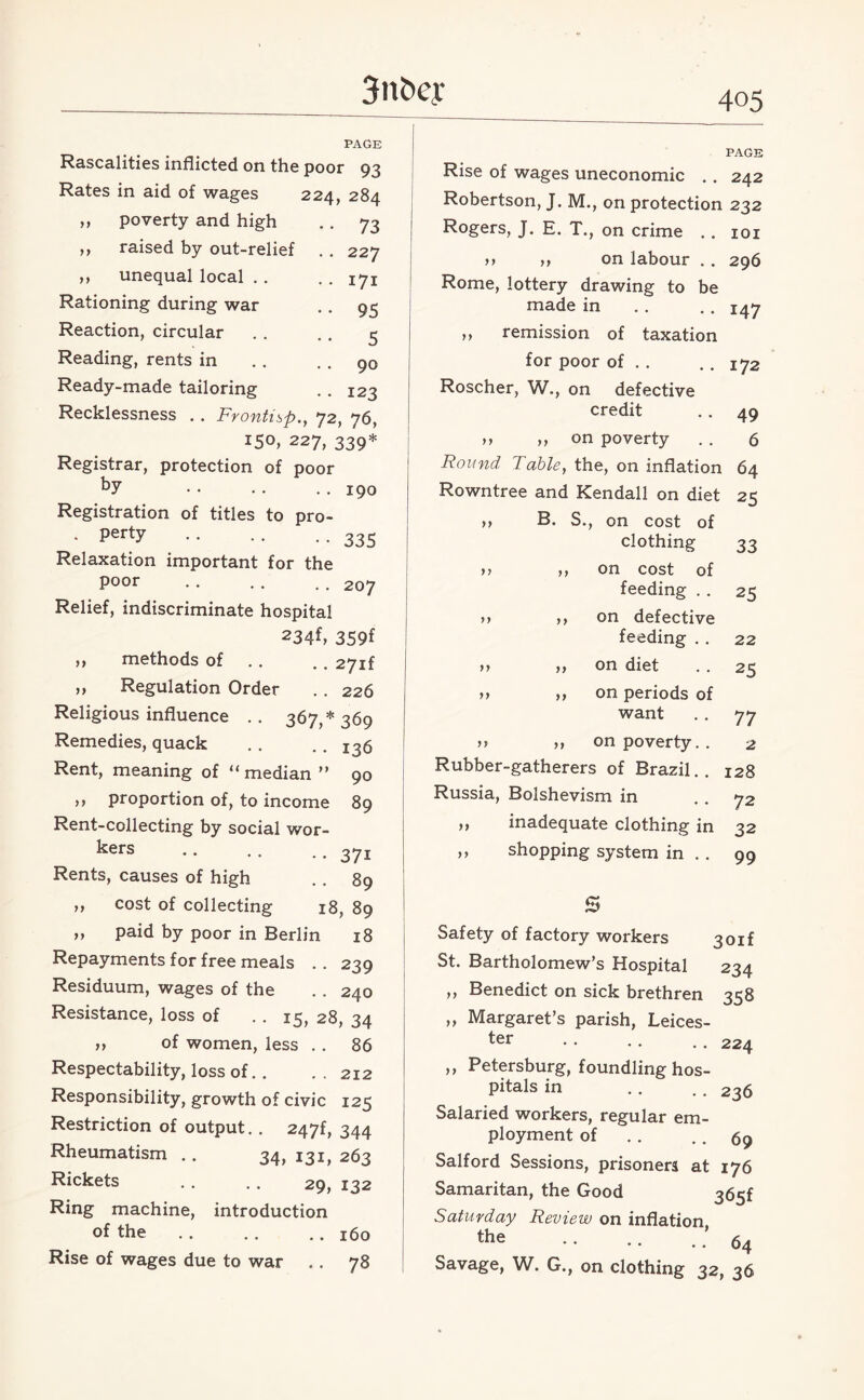 PAGE Rascalities inflicted on the poor 93 Rates in aid of wages 224, 284 yy yy yy 73 227 171 95 5 90 123 190 335 207 poverty and high raised by out-relief unequal local . . Rationing during war Reaction, circular Reading, rents in Ready-made tailoring Recklessness . . Frontisp., 72, 76, 150, 227, 339* Registrar, protection of poor by . Registration of titles to pro- . perty . Relaxation important for the poor . Relief, indiscriminate hospital 234f, 359* ,, methods of . . .. 27if ,, Regulation Order . . 226 Religious influence . . 367,* 369 Rent, meaning of “median ” 90 >> proportion of, to income 89 Rent-collecting by social wor¬ kers .. .. . . 37l Rents, causes of high .. 89 cost of collecting 18, 89 paid by poor in Berlin 18 Repayments for free meals .. 239 Residuum, wages of the .. 240 Resistance, loss of . . 15, 28, 34 ,, of women, less . . 86 Respectability, loss of. . . . 212 Responsibility, growth of civic 125 Restriction of output. . 247f, 344 Rheumatism .. 34, 131, 263 Rickets . . . . 29, 132 Ring machine, introduction of the.160 Rise of wages due to war .. 78 yy yy yy PAGE Rise of wages uneconomic .. 242 Robertson, J. M., on protection 232 Rogers, J. E. T., on crime . . 101 yy yy on labour . . 296 Rome, lottery drawing to be made in . . . . 147 ,, remission of taxation for poor of . . . . 172 Roscher, W,, on defective credit . . 49 yy yy on poverty . . 6 Round Table, the, on inflation 64 Rowntree and Kendall on diet 25 B. S., on cost of clothing 33 ,, on cost of feeding . . 25 ,, on defective feeding . . 22 „ on diet . . 25 ,, on periods of want . . 77 Rubber-gatherers of Brazil.. 128 Russia, Bolshevism in . . 72 yy inadequate clothing in 32 „ shopping system in .. 99 S Safety of factory workers 3oif St. Bartholomew’s Hospital 234 ,, Benedict on sick brethren 358 „ Margaret’s parish, Leices¬ ter .. .. ..224 ,, Petersburg, foundling hos¬ pitals in . . . . 236 Salaried workers, regular em¬ ployment of .. .. 69 Salford Sessions, prisoners at 176 Samaritan, the Good Saturday Review on inflation, the .. .. .. 64 Savage, W. G., on clothing 32, 36 yy yy