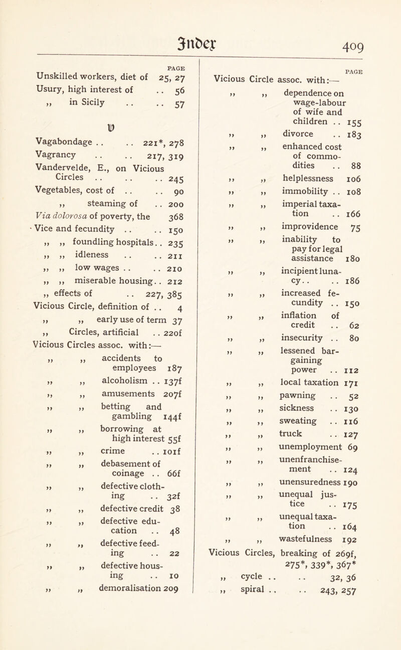 yy ,, effects of .. 227, 385 Vicious Circle, definition of .. 4 ,, early use of term 37 Circles, artificial .. 22of Vicious Circles assoc, with:— accidents to employees 187 alcoholism .. i37f amusements 207f betting and gambling i44f borrowing at high interest 5$f crime .. ioif debasement of coinage .. 66f defective cloth¬ ing .. 32f defective credit 38 defective edu¬ cation .. 48 defective feed¬ ing .. 22 defective hous¬ ing .. 10 demoralisation 209 yy yy yy yy yy yy yy yy yy >y yy 3nt>ey 409 PAGE Unskilled workers, diet of 25, 27 Vicious Circle assoc, with:— PAGE Usury, high interest of 56 yy yy dependence on „ in Sicily 57 wage-labour V of wife and children .. 155 ,, yy divorce 183 Vagabondage . . .. 221*, 278 yy yy enhanced cost Vagrancy .. .. 217,319 of commo- Vandervelde, E., on Vicious dities 88 Circles 245 y y ,» helplessness 106 Vegetables, cost of . . 90 yy yy immobility .. 108 ,, steaming of 200 yy yy imperial taxa- Via dolorosa of poverty, the 368 tion 166 Vice and fecundity .. 150 yy ,, improvidence 75 ,, ,, foundling hospitals.. 235 yy inability to ,, ,, idleness 211 pay for legal assistance 180 ,, ,, low wages .. 210 yy >> incipient luna- ,, ,, miserable housing.. 212 cy.. 186 yy increased fe¬ cundity . . 150 inflation of credit .. 62 insecurity .. 80 lessened bar¬ gaining power . . 112 local taxation 171 „ pawning . . 52 sickness . . 130 sweating .. 116 truck . . 127 unemployment 69 unenfranchise¬ ment .. 124 unensuredness 190 unequal jus¬ tice . . 175 unequal taxa¬ tion .. 164 wastefulness 192 Vicious Circles, breaking of 2b9f, 275*, 339*, 367* „ cycle .. .. 32, 36 ,, spiral ., .. 243, 257 >> yy yy yy yy yy yy yy yy yy yy yy yy yy yy yy yy yy yy yy yy yy yy yy yy yy yy yy yy