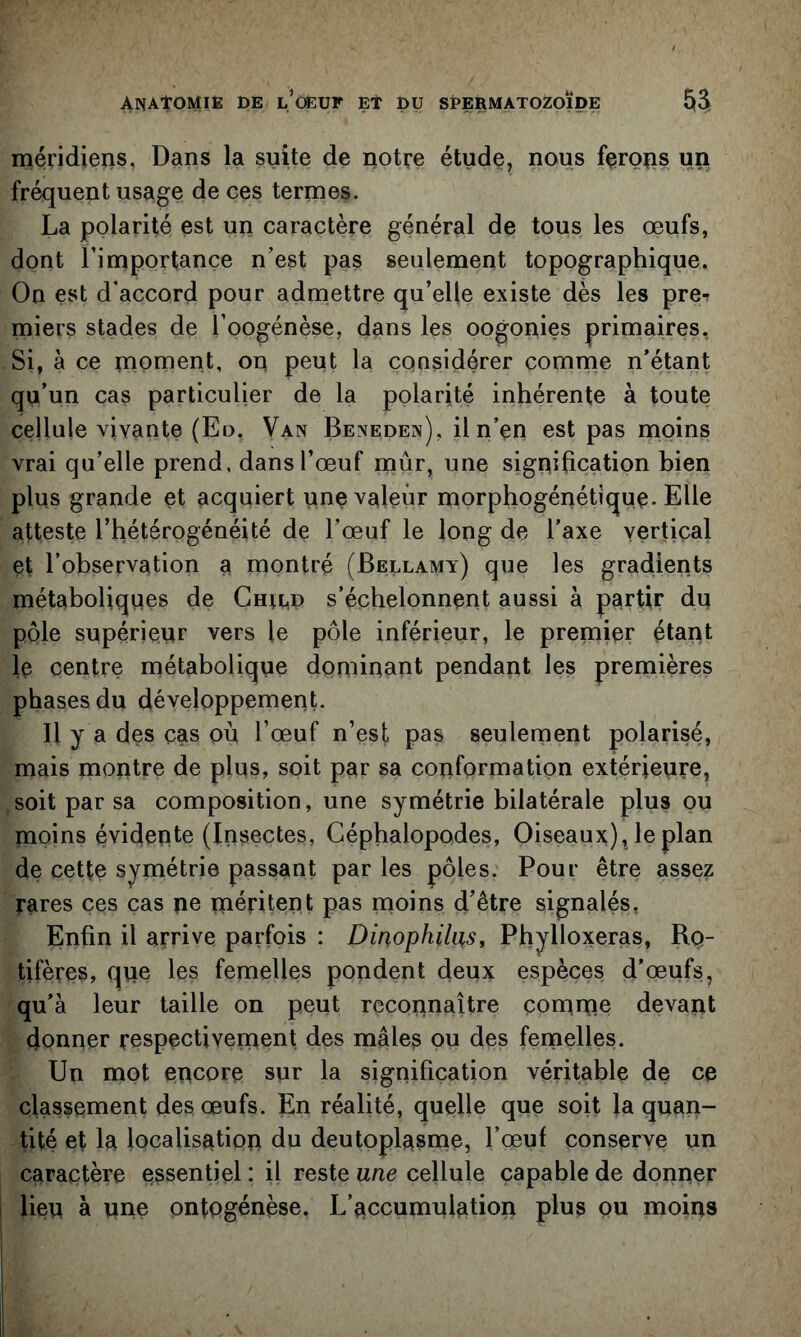 méridiens. Dans la suite de notre étude, nous ferons un fréquent usage de ces termes. La polarité est un caractère général de tous les œufs, dont l’importance n’est pas seulement topographique. On est d’accord pour admettre qu’elle existe dès les pre^ miers stades de l’oogénèse, dans les oogonies primaires, Si, à ce naoment, on peut la considérer comme n’étant qu’un cas particulier de la polarité inhérente à toute cellule vivante (Eo. Van Beneden), il n’en est pas moins vrai qu’elle prend, dans l’œuf mûr, une signification bien plus grande et acquiert une v^^lelJr morphogénétique- Elle atteste l’hétérogénéité de l’œuf le long de l’axe yertical et l’observation a montré (Bellamy) que les gradients métaboliques de GnrLn s’échelonnent aussi à partir dq pôle snpérienr vers le pôle inférieur, le premier étant le centre métaboliqqe dominant pendant les premières phases du développement. Il y a des cas où l’œuf n’est pas seulement polarisé, mais montre de plus, soit par sa conformation extérieqre, soit par sa composition, une symétrie bilatérale plus ou moins évidente (Insectes, Céphalopodes, Oiseaux), le plan de cette symétrie passant par les pôles. Pour être assez rçires ces cas ne méritent pas moins d’être signalés, Enfin il arrive parfois : Dinophilus, Phylloxéras, Ro- tifères, que les femelles pondent deux espèces d’œufs, qu’à leur taille on peut reconnaître comme devant donner respectivement des mâles pu des femelles. Un mot encore sur la signification véritable de ce classement des œufs. En réalité, quelle que soit la quan- tité et la localisation du deutoplasme, l’œuf conserve un caractère essentiel ; il reste une cellule capable de donner lien à nne ontogénèse. L’accumnlation plus ou moins