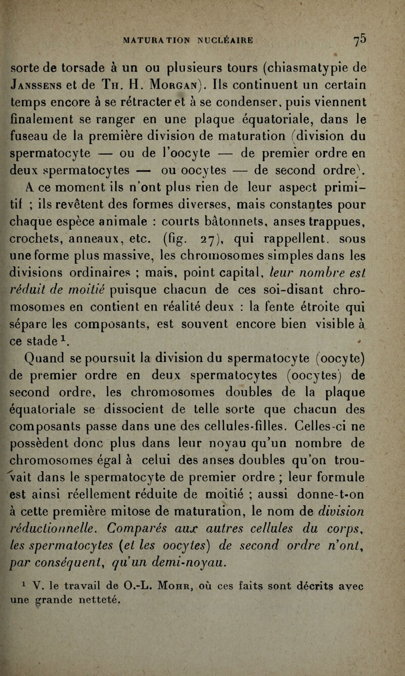 sorte de torsade à un ou plusieurs tours (chiasmatypie de Janssens et de Th. H. Morgan). Ils continuent un certain temps encore à se rétracter et à se condenser, puis viennent finalement se ranger en une plaque équatoriale, dans le fuseau de la première division de maturation (division du spermatocyte — ou de l’oocyte — de premier ordre en deux Spermatocytes — ou oocytes — de second ordre). A. ce moment ils n’ont plus rien de leur aspect primi- tif ; ils revêtent des formes diverses, mais constantes pour chaque espèce animale : courts bâtonnets, anses trappues, crochets, anneaux, etc. (fîg. 27), qui rappellent, sous une forme plus massive, les chromosomes simples dans les divisions ordinaires ; mais, point capital, leur nombre est réduit de moitié puisque chacun de ces soi-disant chro- mosomes en contient en réalité deux : la fente étroite qui sépare les composants, est souvent encore bien visible à ce stade Quand se poursuit la division du spermatocyte (oocyte) de premier ordre en deux spermatocytes (oocytes) de second ordre, les chromosomes doubles de la plaque équatoriale se dissocient de telle sorte que chacun des composants passe dans une des cellules-filles. Celles-ci ne possèdent donc plus dans leur noyau qu’un nombre de chromosomes égal à celui des anses doubles qu’on trou- 'vait dans le spermatocyte de premier ordre ; leur formule est ainsi réellement réduite de moitié ; aussi donne-t-on à cette première mitose de maturation, le nom de division réduction nette. Comparés aux autres cettutes du corps, tes spermatocytes {et les oocytes) de second ordre nont, par conséquent, quun demi-noyau. ^ V. le travail de O.-L. Mohr, où ces faits sont décrits avec une grande netteté.