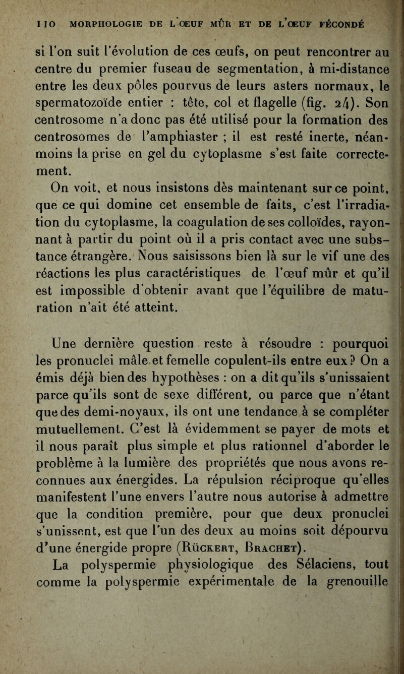 si l’on suit l’évolution de ces œufs, on peut rencontrer au ; centre du premier fuseau de segmentation, à mi-distance , entre les deux pôles pourvus de leurs asters normaux, le li spermatozoïde entier : tête, col et flagelle (fig. 24). Son < centrosome n’a donc pas été utilisé pour la formation des centrosomes de l’ampbiaster ; il est resté inerte, néan- ij moins la prise en gel du cytoplasme s’est faite correcte- | ment. On voit, et nous insistons dès maintenant sur ce point, : que ce qui domine cet ensemble de faits, c’est l'irradia- tion du cytoplasme, la coagulation de ses colloïdes, rayon- r nant à partir du point où il a pris contact avec une subs- tance étrangère. Nous saisissons bien là sur le vif une des réactions les plus caractéristiques de l’œuf mûr et qu’il 1 est impossible d’obtenir avant que l’équilibre de matu- ration n’ait été atteint. Une dernière question reste à résoudre : pourquoi les pronuclei mâle.et femelle copulent-ils entre eux.^ On a > émis déjà bien des hypothèses : on a dit qu’ils s'unissaient parce qu’ils sont de sexe différent, ou parce que n’étant ; que des demi-noyaux, ils ont une tendance à se compléter J mutuellement. C’est là évidemment se payer de mots et , il nous paraît plus simple et plus rationnel d’aborder le .* problème à la lumière des propriétés que nous avons re- j connues aux énergides. La répulsion réciproque qu’elles j- manifestent l’une envers l’autre nous autorise à admettre ! que la condition première, pour que deux pronuclei |: s’unissent, est que l'un des deux au moins soit dépourvu i d’une énergide propre (Rügkert, Brachet). La polyspermie physiologique des Sélaciens, tout I comme la polyspermie expérimentale de la grenouille