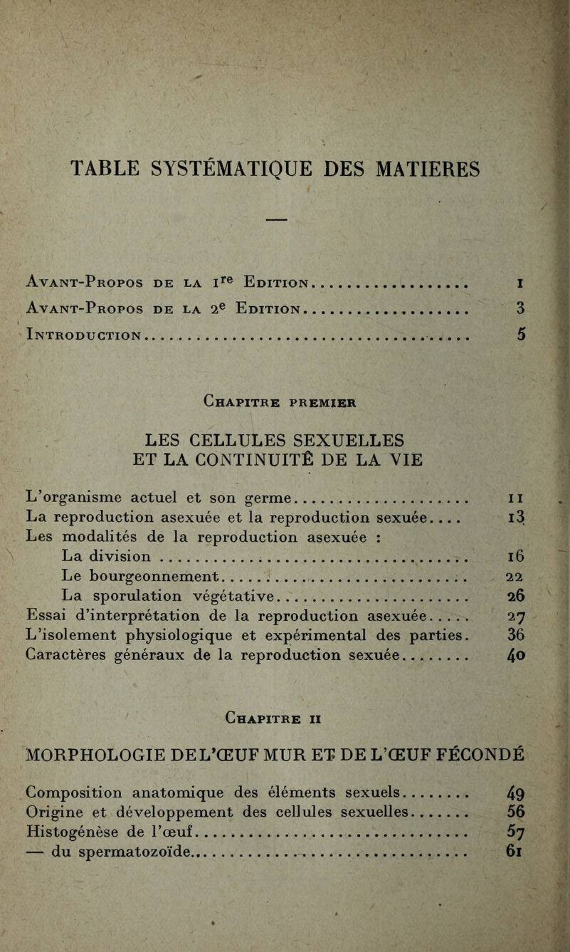 TABLE SYSTÉMATIQUE DES MATIERES Avant-Propos de la Edition I Avant-Propos de la 2® Edition 3 Introduction 5 Chapitre premier LES CELLULES SEXUELLES ET LA CONTINUITÉ DE LA VIE L’organisme actuel et son germe ii La reproduction asexuée et la reproduction sexuée.... i3 Les modalités de la reproduction asexuée : La division i6 Le bourgeonnement : . 22 La sporulation végétative 26 Essai d’interprétation de la reproduction asexuée 27 L’isolement physiologique et expérimental des parties. 36 Caractères généraux de la reproduction sexuée 4® Chapitre ii MORPHOLOGIE DE L’ŒUF MUR ET DE L’ŒUF FÉCONDÉ Composition anatomique des éléments sexuels 49 Origine et développement des cellules sexuelles 56 Histogénèse de l’œuf 67 — du spermatozoïde 61