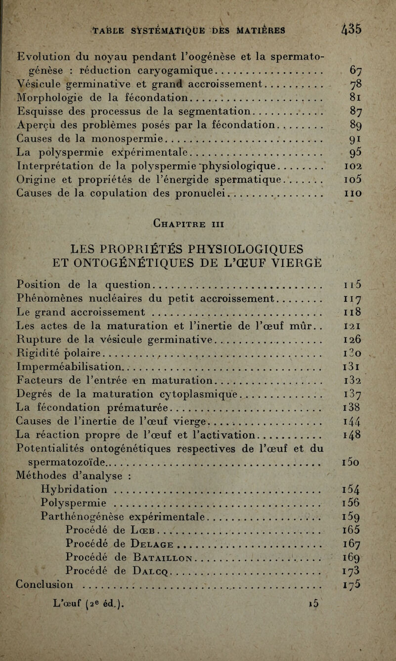 Evolution du noyau pendant l’oogénèse et la spermato- génèse : réduction caryogamique 67 Vésicule germinative et grand accroissement 78 Morphologie de la fécondation 8l Esquisse des processus de la segmentation 87 Aperçu des problèmes posés par la fécondation 89 Causes de la monospermie 91 La polyspermie expérimentale 96 Interprétation de la polyspermie'physiologique 102 Origine et propriétés de Ténergide spermatique io5 Causes de la copulation des pronuclei Iio Chapitre iii LES PROPRIÉTÉS PHYSIOLOGIQUES ET ONTOGÉNÉTIQUES DE L’ŒUF VIERGE Position de la question ii5 Phénomènes nucléaires du petit accroissement I17 Le grand accroissement 118 Les actes de la maturation et l’inertie de l’œuf mûr. . 121 Rupture de la vésicule germinative 126 Rigidité polaire i3o . Imperméabilisation i3i Facteurs de l’entrée en maturation 182 Degrés de la maturation cytoplasmique 187 La fécondation prématurée i38 Causes de l’inertie de l’œuf vierge. i44 La réaction propre de l’œuf et l’activation 148 Potentialités ontogénétiques respectives de Tœuf et du spermatozoïde 15o Méthodes d’analyse : Hybridation l54 Polyspermie i56 Parthénogénèse expérimentale 169 Procédé de Lœb l65 Procédé de Delage 167 Procédé de Bataillon 169 Procédé de Dalcq 178 Conclusion 176 L'œuf (2® éd,). i5