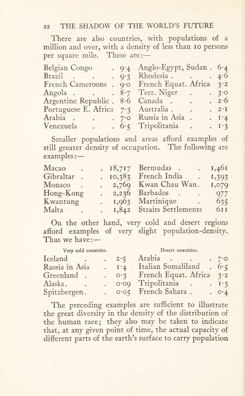 There are also countries, with populations of a million and over, with a density of less than io persons per square mile. These are:— Belgian Congo . 9*4 Brazil . . .9-3 French Cameroons . 9-0 Angola . . . 8*7 Argentine Republic . 8-6 Portuguese E. Africa 7*3 Arabia . . . 7-0 Venezuela . -6*5 Anglo-Egypt, Sudan . 6-4 Rhodesia . . .4-6 French Equat. Africa 3-2 Terr. Niger . . 3*0 Canada . . . 2-6 Australia . . .2-1 Russia in Asia . .1-4 Tripolitania . .1*3 Smaller populations and areas afford examples of still greater density of occupation. The following are examples:— Macao . 18,717 Bermudas . 1,461 Gibraltar . • 10,383 French India 1.393 Monaco . 2,769 Kwan Chau Wan. 1,079 Hong-Kong • 2,236 Barbados 977 Kwantung • 1,963 Martinique 635 Malta 1,842 Straits Settlements 611 On the other hand, very cold and desert regions afford examples of very slight population-density. Thus we have:— Very cold countries. Desert countries. Iceland . 2-5 Arabia . . .7*0 Russia in Asia 1-4 Italian Somaliland . 6-5 Greenland . . 0*3 French Equat. Africa 3-2 Alaska. 0*09 Tripolitania . . 1*3 Spitzbergen. . 0-05 French Sahara . . 0-4 The preceding examples are sufficient to illustrate the great diversity in the density of the distribution of the human race; they also may be taken to indicate that, at any given point of time, the actual capacity of different parts of the earth’s surface to carry population