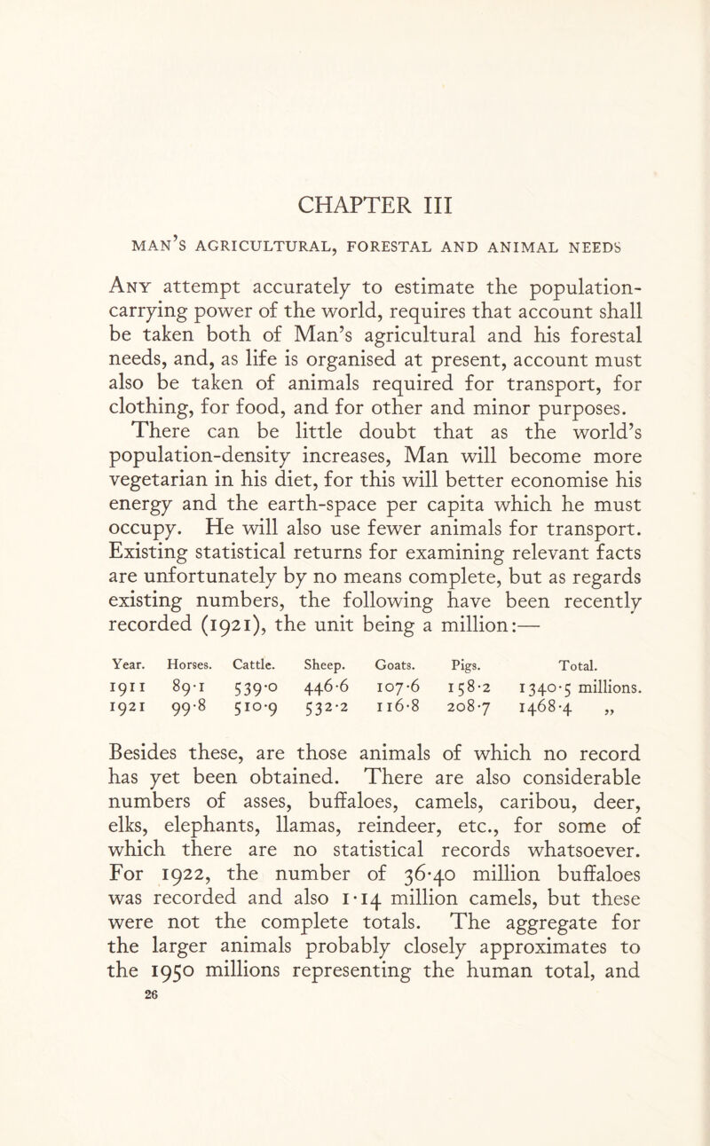 CHAPTER III man’s agricultural, forestal and animal needs Any attempt accurately to estimate the population¬ carrying power of the world, requires that account shall be taken both of Man’s agricultural and his forestal needs, and, as life is organised at present, account must also be taken of animals required for transport, for clothing, for food, and for other and minor purposes. There can be little doubt that as the world’s population-density increases, Man will become more vegetarian in his diet, for this will better economise his energy and the earth-space per capita which he must occupy. He will also use fewer animals for transport. Existing statistical returns for examining relevant facts are unfortunately by no means complete, but as regards existing numbers, the following have been recently recorded (1921), the unit being a million:— Year. Horses. Cattle. Sheep. Goats. Pigs. Total. 1911 89T 539-0 446-6 107-6 158-2 1340-5 millions, 1921 998 5IO'9 532-2 116-8 208-7 1468-4 Besides these, are those animals of which no record has yet been obtained. There are also considerable numbers of asses, buffaloes, camels, caribou, deer, elks, elephants, llamas, reindeer, etc., for some of which there are no statistical records whatsoever. For 1922, the number of 36-40 million buffaloes was recorded and also 1-14 million camels, but these were not the complete totals. The aggregate for the larger animals probably closely approximates to the 1950 millions representing the human total, and