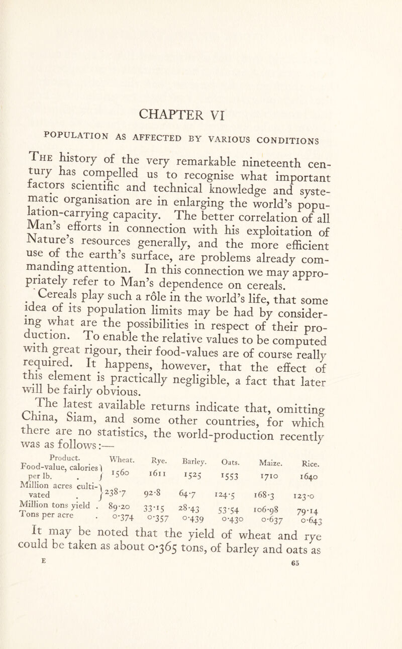 CHAPTER VI POPULATION AS AFFECTED BY VARIOUS CONDITIONS The history of the very remarkable nineteenth cen¬ tal y as compelled us to recognise what important factors scientific and technical knowledge and syste¬ matic organisation are in enlarging the world’s popu- lation-carrymg capacity. The better correlation of all Man s efforts m connection with his exploitation of JNature s resources generally, and the more efficient use of the earth’s surface, are problems already com¬ manding attention. In this connection we may appro¬ priately refer to Man’s dependence on cereals. Cereals play such a role in the world’s life, that some idea of its population limits may be had by consider¬ ing what are the possibilities in respect of their pro¬ duction. To enable the relative values to be computed with great rigour, their food-values are of course really required. It happens, however, that the effect of this element is practically negligible, a fact that later will be fairly obvious. The latest available returns indicate that, omitting lima, Siam, and some other countries, for which tiere are no statistics, the world-production recently was as follows:— 7 Product. Wheat. Food-value, calories 1 ^ per lb. . 1 ’56° Million acres culti-'i n vated . j 238'7 Million tons yield . 89-20 Tons per acre . 0-374 Rye. 1611 92-8 33-15 °-357 Barley. *5*5 64-7 28-43 °-439 Oats. *553 Maize. 1710 Rice. 1640 124-5 168-3 123-0 53-54 0-430 106-98 0-637 79*I4 0-643 It ^ may be noted that the yield of wheat and rye could be taken as about 0-365 tons, of barley and oats as