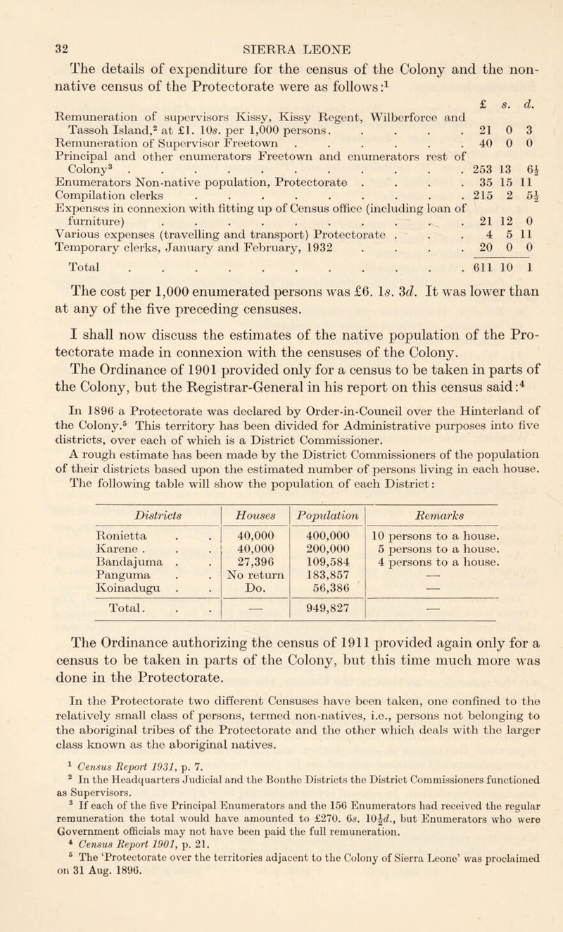 The details of expenditure for the census of the Colony and the non- native census of the Protectorate were as follows d Remuneration of supervisors Ivissy, Kissy Regent, Wilberforce and Tassoh Island,1 2 at £1. 10s. per 1,000 persons. .... Remuneration of Supervisor Freetown ...... Principal and other enumerators Freetown and enumerators rest of Colony3 ........... Enumerators Non-native population, Protectorate .... Compilation clerks ......... Expenses in connexion with fitting up of Census office (including loan of furniture) ........ ^ Various expenses (travelling and transport) Protectorate . Temporary clerks, January and February, 1932 .... Total ........... £ s. d. 21 0 3 40 0 0 253 13 6i 35 15 11 215 2 5| 21 12 0 4 5 11 20 0 0 611 10 1 The cost per 1,000 enumerated persons was £6. Is. 3d. It was lower than at any of the five preceding censuses. I shall now discuss the estimates of the native population of the Pro- tectorate made in connexion with the censuses of the Colony. The Ordinance of 1901 provided only for a census to he taken in parts of the Colony, but the Registrar-General in his report on this census said:4 In 1896 a Protectorate was declared by Order-in-Council over the Hinterland of the Colony.5 This territory has been divided for Administrative purposes into five districts, over each of which is a District Commissioner. A rough estimate has been made by the District Commissioners of the population of their districts based upon the estimated number of persons living in each house. The following table will show the population of each District: Districts Houses Popidation Remarks Ronietta 40,000 400,000 10 persons to a house. Karene . 40,000 200,000 5 persons to a house. Bandajuma . 27,396 109,584 4 persons to a house. Panguma No return 183,857 —• Koinadugu Do. 56,386 — Total. — 949,827 — The Ordinance authorizing the census of 1911 provided again only for a census to be taken in parts of the Colony, but this time much more was done in the Protectorate. In the Protectorate two different Censuses have been taken, one confined to the relatively small class of persons, termed non-natives, i.e., persons not belonging to the aboriginal tribes of the Protectorate and the other which deals with the larger class known as the aboriginal natives. 1 Census Report 1931, p. 7. 2 In the Headquarters Judicial and the Bonthe Districts the District Commissioners functioned as Supervisors. 3 If each of the five Principal Enumerators and the 156 Enumerators had received the regular remuneration the total would have amounted to £270. 6s. 10\d., but Enumerators who were Government officials may not have been paid the full remuneration. 4 Census Report 1901, p. 21. 6 The ‘Protectorate over the territories adjacent to the Colony of Sierra Leone’ was proclaimed on 31 Aug. 1896.