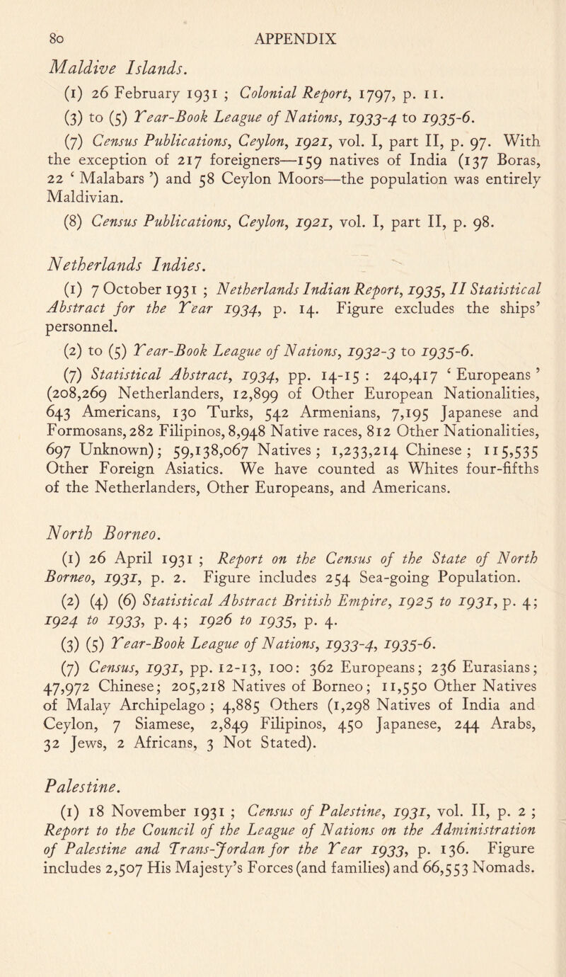 Maidive Islands. (i) 26 February 1931 ; Colonial Report, 1797, p. 11. (3) to (5) Tear-Book League of Nations, 1933-4 to 1933-6. (7) Census Publications, Ceylon, J92J, yol. I, part II, p. 97. With the exception of 217 foreigners—159 natives of India (137 Boras, 22 c Malabars ’) and 58 Ceylon Moors—the population was entirely Maldivian. (8) Census Publications, Ceylon, J92J, vol. I, part II, p. 98. Netherlands Indies. (1) 7 October 1931 ; Netherlands Indian Report, 1933, // Statistical Abstract for the Tear 1934, p. 14. Figure excludes the ships’ personnel. (2) to (5) Tear-Book League of Nations, 1932-3 to 1933-6. (7) Statistical Abstract, 1934, pp. 14-15 : 240,417 4 Europeans ’ (208,269 Netherlanders, 12,899 Other European Nationalities, 643 Americans, 130 Turks, 542 Armenians, 7,195 Japanese and Formosans, 282 Filipinos, 8,948 Native races, 812 Other Nationalities, 697 Unknown); 59,138,067 Natives; 1,233,214 Chinese ; 115,535 Other Foreign Asiatics. We have counted as Whites four-fifths of the Netherlanders, Other Europeans, and Americans. North Borneo. (1) 26 April 1931 ; Report on the Census of the State of North Borneo, 1931, p. 2. Figure includes 254 Sea-going Population. (2) (4) (6) Statistical Abstract British Empire, 1923 to 1931, p. 4; 1924 to 1933, p. 4; 1926 to 1933, p. 4. (3) (5) Tear-Book League of Nations, 1933-4, 1933-6. (7) Census, 1931, pp. 12-13, 100: 362 Europeans; 236 Eurasians; 47,972 Chinese; 205,218 Natives of Borneo; 11,550 Other Natives of Malay Archipelago ; 4,885 Others (1,298 Natives of India and Ceylon, 7 Siamese, 2,849 Filipinos, 450 Japanese, 244 Arabs, 32 Jews, 2 Africans, 3 Not Stated). Palestine. (1) 18 November 1931 ; Census of Palestine, 193T, vol. II, p. 2 ; Report to the Council of the League of Nations on the Administration of Palestine and Trans-Jordan for the Tear 1933, p. 136. Figure includes 2,507 His Majesty’s Forces (and families) and 66,553 Nomads.