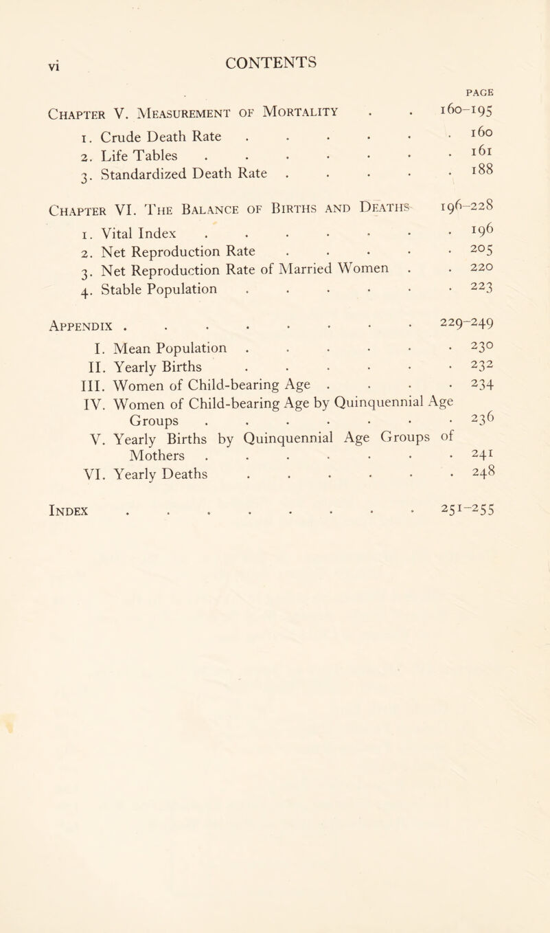 PAGE Chapter V. jVIeasurement of Mortality . . 160-195 1. Crude Death Rate 2. Life Tables . . . • • • .161 3. Standardized Death Rate . . . • .188 Chapter VI. The Balance of Births and Deaths 196-228 1. Vital Index ^9^ 2. Net Reproduction Rate . . . • • 205 3. Net Reproduction Rate of Married Women . . 220 4. Stable Population ...... 223 Appendix 229-249 I. Mean Population 230 11. Yearly Births ...... 232 III. Women of Child-bearing Age .... 234 IV. Women of Child-bearing Age by Quinquennial Age Groups ....... 236 V. Yearly Births by Quinquennial Age Groups of Mothers ....... 241 VI. Yearly Deaths ...... 248 Index 251-255