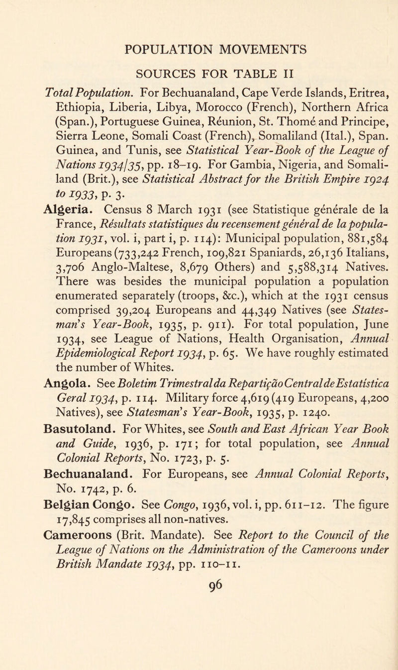 SOURCES FOR TABLE II Total Population. For Bechuanaland, Cape Verde Islands, Eritrea, Ethiopia, Liberia, Libya, Morocco (French), Northern Africa (Span.), Portuguese Guinea, Reunion, St. Thome and Principe, Sierra Leone, Somali Coast (French), Somaliland (Ital.), Span. Guinea, and Tunis, see Statistical Year-Book of the League of Nations 1934135, pp. 18-19. For Gambia, Nigeria, and Somali- land (Brit.), see Statistical Abstract for the British Empire 1924 to 1933, p. 3. Algeria. Census 8 March 1931 (see Statistique generale de la France, Result ats statistiques du recensement general de la popula- tion 1931, vol. i, part i, p. 114): Municipal population, 881,584 Europeans (733,242 French, 109,821 Spaniards, 26,136 Italians, 3,706 Anglo-Maltese, 8,679 Others) and 5,588,314 Natives. There was besides the municipal population a population enumerated separately (troops, &c.), which at the 1931 census comprised 39,204 Europeans and 44,349 Natives (see States- man's Year-Book, 1935, p. 911). For total population, June 1934, see League of Nations, Health Organisation, Annual Epidemiological Report 1934, p. 65. We have roughly estimated the number of Whites. Angola. See Boletim Trimestralda RepartigaoCentraldeEstatistica Geral 1934, p. 114. Military force 4,619 (419 Europeans, 4,200 Natives), see Statesman's Year-Book, 1935, p. 1240. Basutoland. For Whites, see South and East African Year Book and Guide, 1936, p. 171; for total population, see Annual Colonial Reports, No. 1723, p. 5. Bechuanaland. For Europeans, see Annual Colonial Reports, No. 1742, p. 6. Belgian Congo. See Congo, 1936, vol. i, pp. 611-12. The figure 17,845 comprises all non-natives. Cameroons (Brit. Mandate). See Report to the Council of the League of Nations on the Administration of the Cameroons under British Mandate 1934, pp. 110-11.