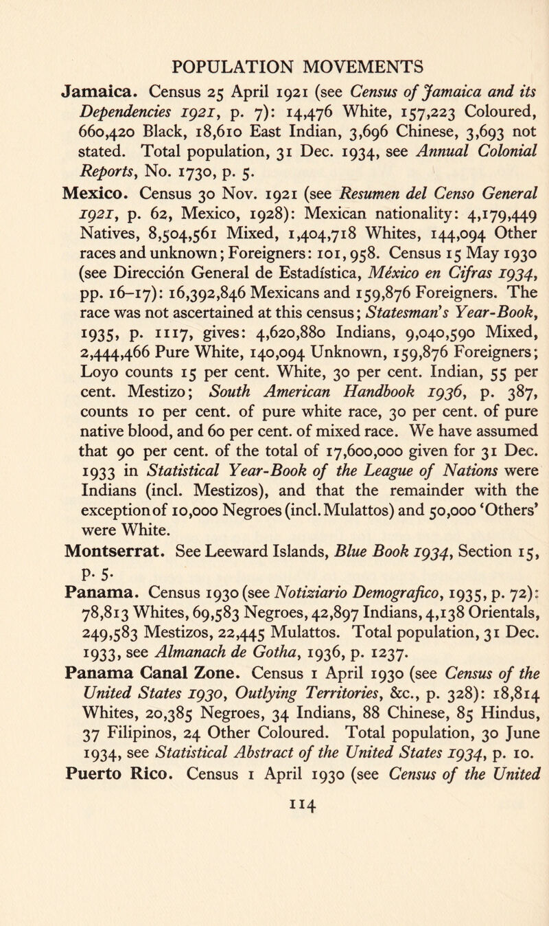 Jamaica. Census 25 April 1921 (see Census of Jamaica and its Dependencies 1921, p. 7): 14,476 White, 157,223 Coloured, 660,420 Black, 18,610 East Indian, 3,696 Chinese, 3,693 not stated. Total population, 31 Dec. 1934, see Annual Colonial Reports, No. 1730, p. 5. Mexico. Census 30 Nov. 1921 (see Resumen del Censo General IQ2I, p. 62, Mexico, 1928): Mexican nationality: 4,179,449 Natives, 8,504,561 Mixed, 1,404,718 Whites, 144,094 Other races and unknown; Foreigners: 101,958. Census 15 May 1930 (see Direccion General de Estadistica, Mexico en Cifras 1934, pp. 16-17): 16,392,846 Mexicans and 159,876 Foreigners. The race was not ascertained at this census; Statesman's Year-Book, x935» P* II]C7» gives: 4,620,880 Indians, 9,040,590 Mixed, 2,444,466 Pure White, 140,094 Unknown, 159,876 Foreigners; Loyo counts 15 per cent. White, 30 per cent. Indian, 55 per cent. Mestizo; South American Handbook 1936, p. 387, counts 10 per cent, of pure white race, 30 per cent, of pure native blood, and 60 per cent, of mixed race. We have assumed that 90 per cent, of the total of 17,600,000 given for 31 Dec. 1933 in Statistical Year-Book of the League of Nations were Indians (inch Mestizos), and that the remainder with the exception of 10,000 Negroes (inch Mulattos) and 50,000 ‘Others* were White. Montserrat. See Leeward Islands, Blue Book 1934, Section 15, P- 5- Panama. Census 1930 (see Notiziario DemograficOy 1935, p. 72): 78,813 Whites, 69,583 Negroes, 42,897 Indians, 4,138 Orientals, 249,583 Mestizos, 22,445 Mulattos. Total population, 31 Dec. 1933, see Almanack de Gothay 1936, p. 1237. Panama Canal Zone. Census 1 April 1930 (see Census of the United States 1930, Outlying Territories, &c., p. 328): 18,814 Whites, 20,385 Negroes, 34 Indians, 88 Chinese, 85 Hindus, 37 Filipinos, 24 Other Coloured. Total population, 30 June 1934, see Statistical Abstract of the United States I934y p. 10. Puerto Rico. Census 1 April 1930 (see Census of the United