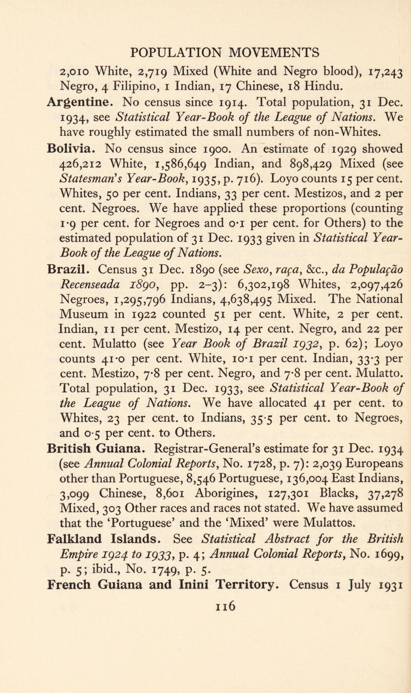 2,010 White, 2,719 Mixed (White and Negro blood), 17,243 Negro, 4 Filipino, 1 Indian, 17 Chinese, 18 Hindu. Argentine. No census since 1914. Total population, 31 Dec. 1934, see Statistical Year-Book of the League of Nations. We have roughly estimated the small numbers of non-Whites. Bolivia. No census since 1900. An estimate of 1929 showed 426,212 White, 1,586,649 Indian, and 898,429 Mixed (see Statesman's Year-Book, 1935, p. 716). Loyo counts 15 per cent. Whites, 50 per cent. Indians, 33 per cent. Mestizos, and 2 per cent. Negroes. We have applied these proportions (counting 1*9 per cent, for Negroes and o-i per cent, for Others) to the estimated population of 31 Dec. 1933 given in Statistical Year- Book of the League of Nations. Brazil. Census 31 Dec. 1890 (see Sexo, rafa, &c., da Populagdo Recenseada i8go, pp. 2-3): 6,302,198 Whites, 2,097,426 Negroes, 1,295,796 Indians, 4,638,495 Mixed. The National Museum in 1922 counted 51 per cent. White, 2 per cent. Indian, 11 per cent. Mestizo, 14 per cent. Negro, and 22 per cent. Mulatto (see Year Book of Brazil 1932, p. 62); Loyo counts 41-0 per cent. White, io-i per cent. Indian, 33-3 per cent. Mestizo, 7-8 per cent. Negro, and 7*8 per cent. Mulatto. Total population, 31 Dec. 1933, see Statistical Year-Book of the League of Nations. We have allocated 41 per cent, to Whites, 23 per cent, to Indians, 35*5 per cent, to Negroes, and 0 5 per cent, to Others. British Guiana. Registrar-General’s estimate for 31 Dec. 1934 (see Annual Colonial Reports, No. 1728, p. 7): 2,039 Europeans other than Portuguese, 8,546 Portuguese, 136,004 East Indians, 3,099 Chinese, 8,601 Aborigines, 127,301 Blacks, 37,278 Mixed, 303 Other races and races not stated. We have assumed that the ‘Portuguese’ and the ‘Mixed’ were Mulattos. Falkland Islands. See Statistical Abstract for the British Empire 1924 to 1933, p. 4; Annual Colonial Reports, No. 1699, p. 5; ibid., No. 1749, p. 5. French Guiana and Inini Territory. Census 1 July 1931
