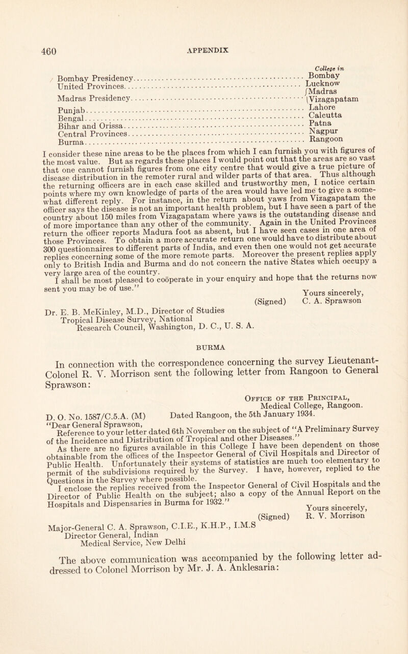 Bombay Presidency United Provinces... Madras Presidency. Punjab Bengal . Bihar and Orissa... Central Provinces.. Burma College in Bombay Lucknow /Madras ^Vizagapatam Lahore Calcutta Patna Nagpur Rangoon I consider these nine areas to be the places from which I can furnish you with figures of the most value. But as regards these places I would point out that the areas are so vast that one cannot furnish figures from one city centre that would give a true P^ture ol disease distribution in the remoter rural and wilder parts of that area, thus althoug the returning officers are in each case skilled and trustworthy men, 1 notice certain points where my own knowledge of parts of the area would have led me to give a some- what different reply. For instance, in the return about yaws from Vizagapatam the officer says the disease is not an important health problem, but I have seen a part of the country about 150 miles from Vizagapatam where yaws is the outstanding disease and of more importance than any other of the community. Agam m the United Provinces return the officer reports Madura foot as absent, but I have seen cases in one area ol those Provinces. To obtain a more accurate return one would have to distribute about 300 questionnaires to different parts of India, and even then one would not get accurate replies concerning some of the more remote parts. Moreover the present replies apply only to British India and Burma and do not concern the native States which occupy a very large area of the country. . , , +v. +i nrrar I shall be most pleased to cooperate m your enquiry and hope that the returns n sent you may be of use.” Yours sincerely) ISiened) C. A. Sprawson Dr. E. B. McKinley, M.D., Director of Studies Tropical Disease Survey, National Research Council, Washington, D. C., U. S. A. BURMA In connection with the correspondence concerning the survey Lieutenant- Colonel It. V. Morrison sent the following letter from Rangoon to General Sprawson: Office of the Principal, Medical College, Rangoon. D. O. No. 1587/C.5.A. (M) Dated Rangoon, the 5th January 1934. ^Reference to^ourdetter dated 6th November on the subject of “A Preliminary Survey of the Incidence and Distribution of Tropical and other Diseases. As there are no figures available in this College I have been dependent on those obtainable from the offices of the Inspector General of Civil Hospitals and Director of Public Health. Unfortunately their systems of statistics are much too elementary to permit of the subdivisions required by the Survey. I have, however, replied to the Questions in the Survey where possible . ;1 -+41i« ond ^ I enclose the replies received from the Inspector General of Civil Hospitals and the Director of Public Health on the subject; also a copy of the Annual Report on the Hospitals and Dispensaries in Burma for 1932.” Yours sincerely, (Signed) R. V. Morrison Major-General C. A. Sprawson, C.I.E., K.H.P., I.M.S Director General, Indian Medical Service, New Delhi The above communication was accompanied by the following letter ad- dressed to Colonel Morrison by Mr. J. A. Anklesaria: