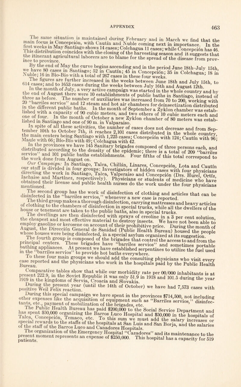 I he same situation is maintained during February and in March we find that the mam focus is Concepcion, with Cautln and Nuble coming next in importance. In the Santiago shows 14 cases; Colchagua 11 cases; while Concepcidn has 46 the d1nStnbr tl0n-C°H Cldf^ Tlth the closmg of the harvesting season and it suggests that ince to pSvinc!nCU al lab°rerS are to blame for the sPread of the disease fiom prov- we^,tliesnnd °f ^aythe+.curve bfghis ascending and in the period June 18th-July 15th Nnble^m8mCD?eSD-n S^,tiaf°j Cautln; 45 in Concepcidn; 35 in Colchagua; 18 in ^u,b|e> tb in Bio-Bio with a total of 267 cases m these four weeks. 614cases?«ne|tanmf^qrther greased in the weeks between June 18th and July 15th, to 614 cases, and to 16o3 cases during the weeks between July 16th and August 12th +h/«rwfe, fAnth °; fu y’ a very active campaign was started in the whole country and by three a! hfPftrfUSTlheere T® 10( establishments of public baths in Santiago, inhead of on ore' . rbe number of auxiliaries was increased from 70 to 200, working with b? +Kba?«eS s®rvl°?,. ad 12 steam and hot air chambers for deinsectization distrfbuted lished withTcanacitv of on ’ iv th® f1011*11 °i fePtem,ber a Zyklon chamber was estab- one of four TnPthe Lh° f n®*“eters> andothers of 10 cubic meters each and iishecfirfsantiagoandmie of|w)^i.*in VafparSso^^ °n ®hamb®r °f 8° m®terS ®stab- tembprPirnw^nnth+eSK aC7b!ult-!S’ the number of cases does not decrease and from Sep- tember 10th to October 7th, it reaches 2,101 cases distributed in the whole country mam centers being Santiago with 1,225 cases; Concepcidn with 124; Cautln with 96* Maule with 66; Blo-Blo with 49; Colchagua with 42. ltn y0j In the provinces we have 145 Sanitary brigades composed of three persons each and se'iW^ln^ the epidemic; there is a total of 209 “barriles th workXi hom August on ®StabllShmentS- F°Ur fifths of this “>*a‘ correspond to S/otiago, Talcs, Chilian, Linares, Concepcidn, Lota and Cautin our staff is divided m four groups ^Investigators of hidden cases with four physicians inectmg the work m Santiago, Talca, Valperaiso and Concepcidn (Drs. Huref Ortiz Swi!^1Sri +fd ^.artmez^ respectively). Physicians or students of medicine wh’o have mentioned IGlr 1CenSe and PUb 1C health nUrses d° the WOrk under the four Physicians The second group has the work of disinfection of clothing and articles that can be disinfected m the barriles servios,” whenever a new case is reported. f i • lr + gI?up Pakes a thorough disinfection, carrying mattresses and heavy articles of clothing to the chambers of disinfection in special trucks, while all the dwellers of the ouse or tenement are taken to the public baths, also in special trucks. ii i® dwe /mg® are Jhen disinfected with sprays of creoline in a 3 per cent solution tbe cheapest and most effective material to destroy insects. We have not been able to empfoy gasoline or kerosene on account of their prohibitive price. During the month of August, the Direccion General de Sanidad (Public Health Bureau) housed the people v lose houses were oemg disinfected, in a special asylum organized at its suggestion. nrinpinfll^^'p b+^r0UPrrn comP°.sed of the brigades that control the access to and from the principal centers. These brigades have “barriles servios” and sometimes portable in fhpn^>?PP-ianCeS‘ • ?reSent-T bave established serpentines to utilize the fuel used m the barriles servios” to provide hot baths everywhere 1° these four mam groups we should add the consulting physicians who visit every BureIuPOrted th® phySlcians who work in the hospitals paid by the Public Health Drese°SP2a29aq1Vien0Ur m°rbidity rate P^ 00/000 inhabitants is at 1918 and 1015 durins th® year pos?tXenWe?l FeS reaction. (Untl‘ **“ Wth °f °Ct°ber) W® have had 7>573 cases with During this special campaign we have spent in the provinces $714,500, not including er expenses like the acquisition of equipment such as “Barriles servios ” disinfec^ tants etc, payment of mobilization of the brigades, etc. ' disinfec- , lhe Pu^1ncA^alth B.ureau has paid $200,000 to the Social Service Department and nas spent $50,000 organizing the Barros Luco Hospital and $50,000 in the hospitals of Talca Concepcion Temaco etc. To this sum we must add thesalaryincreases or ppecml rewards co the staffs of the hospitals at San Luis and San Borja and the salaries of the staff of the Barros Luco and Canadores Hospitals 1 ’ salaries I he organization of the Emergency Hospital “Cazadores” and its maintenance to the pEtsm°m represents an exPense of $250,000. This hospital has a capacity for 519