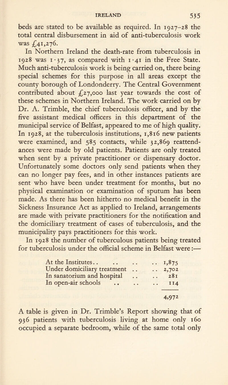 beds are stated to be available as required. In 1927-28 the total central disbursement in aid of anti-tuberculosis work was £41,276. In Northern Ireland the death-rate from tuberculosis in 1928 was 1*37, as compared with 1-41 in the Free State. Much anti-tuberculosis work is being carried on, there being special schemes for this purpose in all areas except the county borough of Londonderry. The Central Government contributed about £27,000 last year towards the cost of these schemes in Northern Ireland. The work carried on by Dr. A. Trimble, the chief tuberculosis officer, and by the five assistant medical officers in this department of the municipal service of Belfast, appeared to me of high quality. In 1928, at the tuberculosis institutions, 1,816 new patients were examined, and 585 contacts, while 32,869 reattend- ances were made by old patients. Patients are only treated when sent by a private practitioner or dispensary doctor. Unfortunately some doctors only send patients when they can no longer pay fees, and in other instances patients are sent who have been under treatment for months, but no physical examination or examination of sputum has been made. As there has been hitherto no medical benefit in the Sickness Insurance Act as applied to Ireland, arrangements are made with private practitioners for the notification and the domiciliary treatment of cases of tuberculosis, and the municipality pays practitioners for this work. In 1928 the number of tuberculous patients being treated for tuberculosis under the official scheme in Belfast were:— At the Institutes.. • • 1,875 Under domiciliary treatment .. .. 2,702 In sanatorium and hospital 281 In open-air schools 114 4,972 A table is given in Dr. Trimble’s Report showing that of 936 patients with tuberculosis living at home only 160 occupied a separate bedroom, while of the same total only