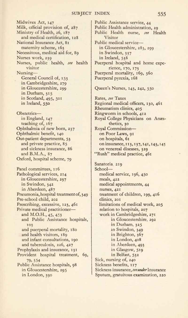 Midwives Act, 147 Milk, official provision of, 287 Ministry of Health, 26, 187 and medical certification, 128 National Insurance Act, 81 maternity scheme, 163 Necessitous, medical aid for, 89 Nurses work, 239 Nurses, public health, see health visitor Nursing— General Council of, 153 in Cambridgeshire, 279 in Gloucestershire, 299 in Durham, 315 in Scotland, 495, 501 in Ireland, 550 Obstetrics— in England, 147 teaching of, 167 Ophthalmia of new born, 237 Ophthalmic benefit, 140 Out-patient departments, 53 and private practice, 85 and sickness insurance, 86 and B.M.A., 87 Oxford, hospital scheme, 79 Panel committees, 116 Pathological services, 214 in Gloucestershire, 297 in Swindon, 342 in Aberdeen, 487 Pneumonia, hospital treatment of, 349 Pre-school child, 202 Prescribing, excessive, 123, 461 Private medical practitioner— and M.O.H,, 45, 453 and Public Assistance hospitals, 103 and puerperal mortality, 180 and health visitors, 189 and infant consultations, 190 and tuberculosis, 226, 427 Prophylaxis and insurance, 131 Provident hospital treatment, 69, 79> 354 Public Assistance hospitals, 98 in Gloucestershire, 295 in London, 390 Public Assistance service, 44 Public Health administration, 29 Public Health nurse, see Health Visitor Public medical service— in Gloucestershire, 285, 299 in Swindon, 337 in Ireland, 538 Puerperal hospital and home expe- rience, 170, 173 Puerperal mortality, 169, 360 Puerperal pyrexia, 168 Queen’s Nurses, 143, 242, 550 Rates, see Taxes Regional medical officers, 130, 461 Rheumatism clinics, 405 Ringworm in schools, 412 Royal College Physicians on Anaes- thetics, 30 Royal Commission— on Poor Laws, 91 on hospitals, 61 on insurance, 113,137,141,143,145 on venereal diseases, 329 “Rush” medical practice, 461 Sanatoria, 219 School— medical service, 196, 450 meals, 422 medical appointments, 44 nurses, 421 treatment of children, 199, 416 clinics, 201 limitations of medical work, 205 relation to hospitals, 207 work in Cambridgeshire, 271 in Gloucestershire, 292 in Durham, 325 in Swindon, 349 in Brighton, 367 in London, 408 in Aberdeen, 493 in Glasgow, 519 in Belfast, 532 Sick, nursing of, 240 Sickness benefits, 117 Sickness insurance, see under Insurance Sputum, gratuitous examination, 220