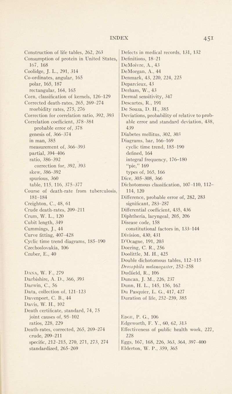 Construction of life tables, 262, 263 Consumption of protein in United States, 167, 168 Coolidge, J. L., 291, 314 Co-ordinates, angular, 165 polar, 165, 187 rectangular, 164, 165 Corn, classification of kernels, 126-129 Corrected death-rates, 265, 269-274 morbidity rates, 275, 276 Correction for correlation ratio, 392, 393 Correlation coefficient, 378-384 probable error of, 378 genesis of, 366-374 in man, 385 measurement of, 366-393 partial, 394-406 ratio, 386-392 correction for, 392, 393 skew, 386-392 spurious, 360 table, 115, 116, 375-377 Course of death-rate from tuberculosis, 181-184 Creighton, C., 48, 61 Crude death-rates, 209-211 Crum, W. L., 120 Cubit length, 349 Cummings, J., 44 Curve fitting, 407-428 Cyclic time trend diagrams, 185-190 Czechoslovakia, 106 Czuber, E., 40 Dana, W. F., 279 Darbishire, A. D., 366, 393 Darwin, C., 56 Data, collection of, 121-123 Davenport, C. B., 44 Davis, W. H, 102 Death certificate, standard, 74, 75 joint causes of, 95-102 ratios, 228, 229 Death-rates, corrected, 265, 269-274 crude, 209-211 specific, 212-215, 270, 271, 273, 274 standardized, 265-269 Defects in medical records, 131, 132 Definitions, 18-21 DeMoivre, A., 43 DeMorgan, A., 44 Denmark, 43, 220, 224, 225 Deparcieux, 43 Derham, W., 43 Dermal sensitivity, 347 Descartes, R., 191 De Souza, D. H., 385 Deviations, probability of relative to prob- able error and standard deviation, 438, 439 Diabetes mellitus, 302, 303 Diagrams, bar, 166-169 cyclic time trend, 185-190 defined, 164 integral frequency, 176-180 ‘‘pie,” 169 types of, 165, 166 Dice, 305-308, 366 Dichotomous classification, 107-110, 112— 114, 120 Difference, probable error of, 282, 283 significant, 283-287 Differential coefficient, 435, 436 Diphtheria, laryngeal, 205, 206 Disease code, 158 constitutional factors in, 133-144 Division, 430, 431 D’Ocagne, 191, 203 Doering, C. R., 256 Doolittle, M. H., 425 Double dichotomous tables, 112-115 Drosophila melanogaster, 252-258 Dudfield, R., 106 Duncan, J. M., 226, 237 Dunn, H. L., 145, 156, 162 Du Pasquier, L. G., 417, 427 Duration of life, 252-259, 385 Edge, P. G., 106 Edgeworth, F. Y., 60, 62, 313 Effectiveness of public health work, 227, 228 Eggs, 167, 168, 226, 363, 364, 397-400 Elderton, W. P., 359, 365