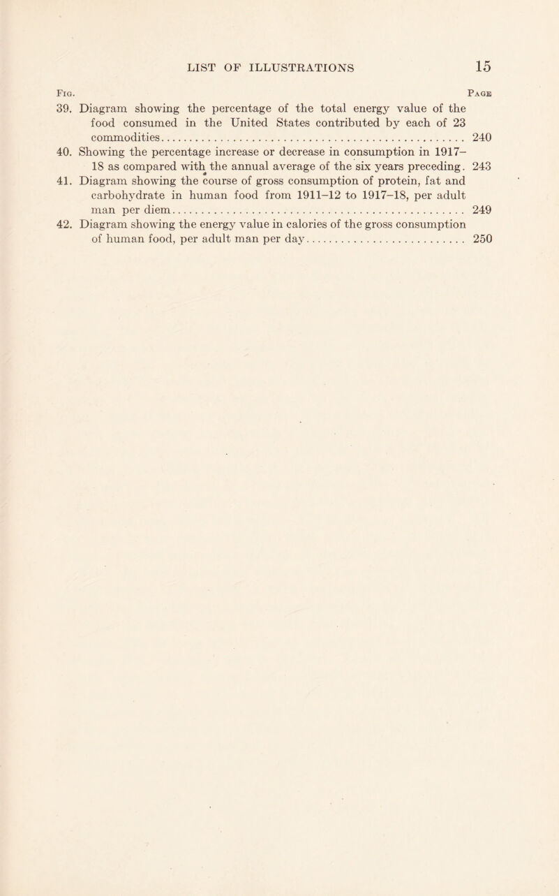 Fig. Page 39. Diagram showing the percentage of the total energy value of the food consumed in the United States contributed by each of 23 commodities. 240 40. Showing the percentage increase or decrease in consumption in 1917- 18 as compared with the annual average of the six years preceding. 243 41. Diagram showing the course of gross consumption of protein, fat and carbohydrate in human food from 1911-12 to 1917-18, per adult man per diem. 249 42. Diagram showing the energy value in calories of the gross consumption of human food, per adult man per day. 250