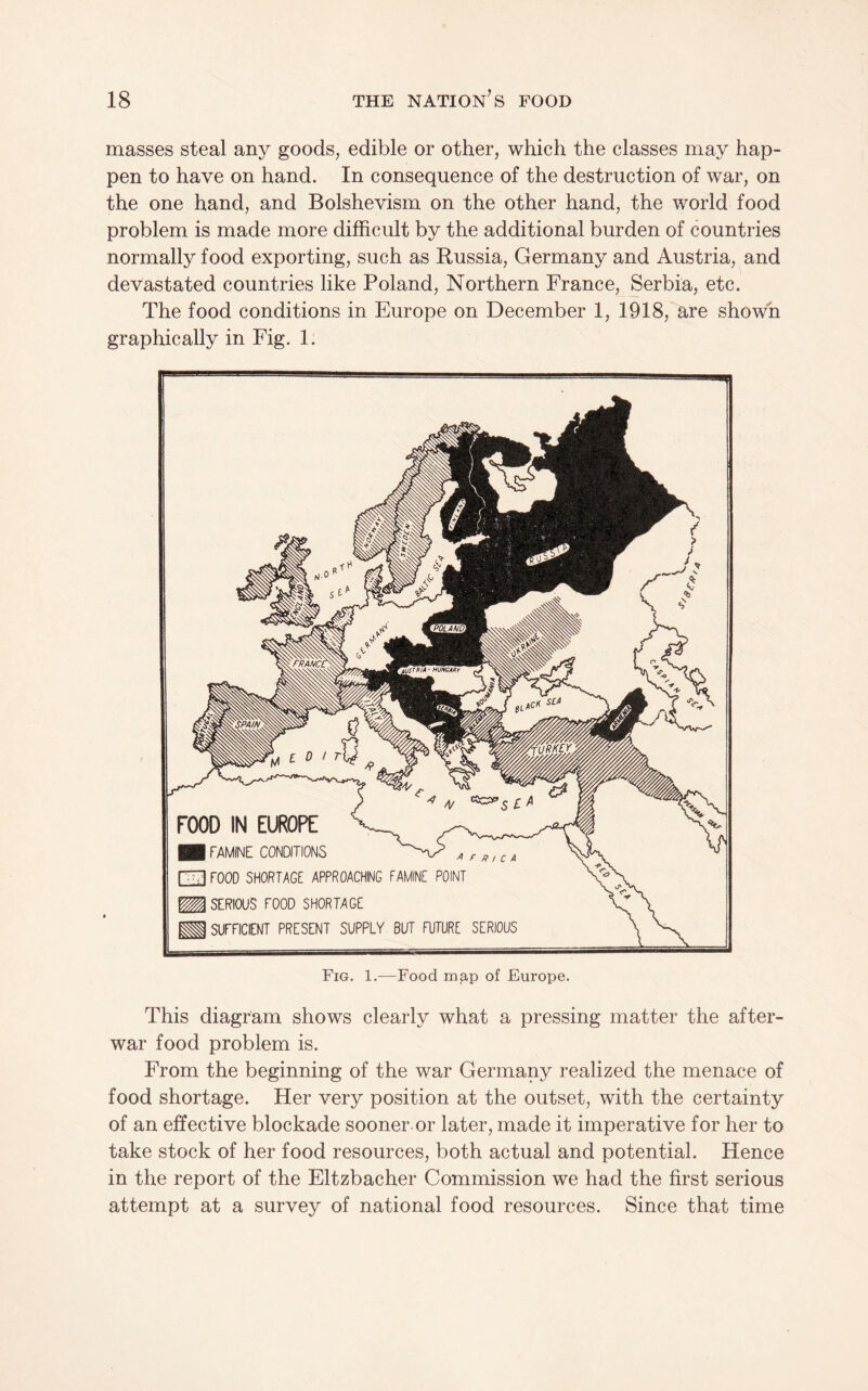 masses steal any goods, edible or other, which the classes may hap¬ pen to have on hand. In consequence of the destruction of war, on the one hand, and Bolshevism on the other hand, the world food problem is made more difficult by the additional burden of countries normally food exporting, such as Russia, Germany and Austria, and devastated countries like Poland, Northern France, Serbia, etc. The food conditions in Europe on December 1, 1918, are shown graphically in Fig. 1. This diagram shows clearly what a pressing matter the after¬ war food problem is. From the beginning of the war Germany realized the menace of food shortage. Her very position at the outset, with the certainty of an effective blockade sooner or later, made it imperative for her to take stock of her food resources, both actual and potential. Hence in the report of the Eltzbacher Commission we had the first serious attempt at a survey of national food resources. Since that time