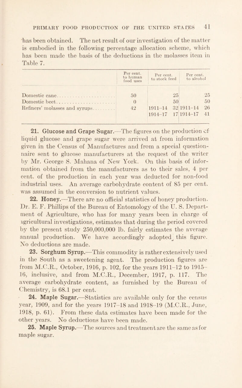 has been obtained. The net result of our investigation of the matter is embodied in the following percentage allocation scheme, which has been made the basis of the deductions in the molasses item in Table 7. Per cent, to human ! food uses Per cent. ! to stock feed 1 Per cent. 1 to alcohol Domestic cane. 50 25 25 Domestic beet. 0 50 50 Refiners' molasses and syrups. 42 1911-14 32 1911-14 26 1914-17 17 1914-17 41 21. Glucose and Grape Sugar—^The figures on the production of- liquid glucose and grape sugar were arrived at from information given in the Census of Manufactures and from a special question¬ naire sent to glucose manufacturers at the request of the writer by Mr. George S. Mahana of New York. On this basis of infor¬ mation obtained from the manufacturers as to their sales, 4 per cent, of the production in each year was deducted for non-food industrial uses. An average carbohydrate content of 85 per cent, was assumed in the conversion to nutrient values. 22. Honey.—There are no official statistics of honey production. Dr. E. F. Phillips of the Bureau of Entomology of the U. S. Depart¬ ment of Agriculture, who has for many years been in charge of agricultural investigations, estimates that during the period covered by the present study 250,000,000 lb. fairly estimates the average annual production. We have accordingly adopted] this figure. No deductions are made. 23. Sorghum Syrup.—This commodity is rather extensively used in the South as a sweetening agent. The production figures are from M.C.E,., October, 1916, p. 102, for the years 1911-12 to 1915- 16, inclusive, and from M.C.R., December, 1917, p. 117. The average carbohydrate content, as furnished by the Bureau of Chemistry, is 68.1 per cent. 24. Maple Sugar.—Statistics are available only for the census year, 1909, and for the years 1917-18 and 1918-19 (M.C.R., June, 1918, p. 61). From these data estimates have been made for the other years. No deductions have been made. 25. Maple Syrup.—The sources and treatment are the same as for maple sugar.