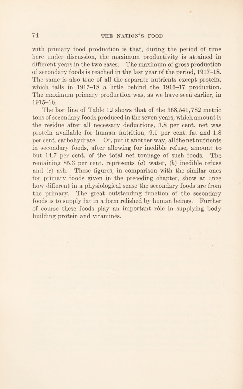 with primary food production is that, during the period of time here under discussion, the maximum productivity is attained in different years in the two cases. The maximum of gross production of secondary foods is reached in the last year of the period, 1917-18. The same is also true of all the separate nutrients except protein, which falls in 1917-18 a little behind the 1916-17 production. The maximum primary production was, as we have seen earlier, in 1915-16. The last line of Table 12 shows that of the 368,541,782 metric tons of secondary foods produced in the seven years, which amount is the residue after all necessary deductions, 3.8 per cent, net was protein available for human nutrition, 9.1 per cent, fat and 1.8 per cent, carbohydrate. Or, put it another way, all the net nutrients in secondary foods, after allowing for inedible refuse, amount to but 14.7 per cent, of the total net tonnage of such foods. The remaining 85.3 per cent, represents (a) water, (5) inedible refuse and (c) ash. These figures, in comparison with the similar ones for primary foods given in the preceding chapter, show at once how different in a physiological sense the secondary foods are from the primary. The great outstanding function of the secondary foods is to supply fat in a form relished by human beings. Further of course these foods play an important role in supplying body building protein and vitamines.