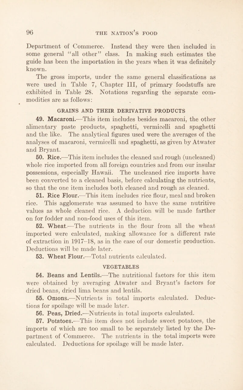 Department of Commerce. Instead they were then included in some general ^‘all other” class. In making such estimates the guide has been the importation in the years when it was definitely known. The gross imports, under the same general classifications as were used in Table 7, Chapter III, of primary foodstuffs are exhibited in Table 28. Notations regarding the separate com¬ modities are as follows: GRAINS AND THEIR DERIVATIVE PRODUCTS 49. Macaroni.—This item includes besides macaroni, the other alimentary paste products, spaghetti, vermicelli and spaghetti and the like. The analytical figures used were the averages of the analyses of macaroni, vermicelli and spaghetti, as given by Atwater and Bryant. 50. Rice.—This item includes the cleaned and rough (uncleaned) whole rice imported from all foreign countries and from our insular possessions, especially Hawaii. The uncleaned rice imports have been converted to a cleaned basis, before calculating the nutrients, so that the one item includes both cleaned and rough as cleaned. 51. Rice Flour—This item includes rice flour, meal and broken rice. This agglomerate was assumed to have the same nutritive values as whole cleaned rice. A deduction will be made farther on for fodder and non-food uses of this item. 52. Wheat.-—The nutrients in the flour from all the wheat imported were calculated, making allowance for a different rate of extraction in 1917-18, as in the case of our domestic production. Deductions will be made later. 53. Wheat Flour.—Total nutrients calculated. VEGETABLES 54. Beans and Lentils.—^The nutritional factors for this item were obtained by averaging Atwater and Bryanffs factors for dried beans, dried lima beans and lentils. 55. Onions.-—Nutrients in total imports calculated. Deduc¬ tions for spoilage will be made later. 56. Peas, Dried.—Nutrients in total imports calculated. 57. Potatoes.—This item does not include sweet potatoes, the imports of which are too small to be separately listed by the De¬ partment of Commerce. The nutrients in the total imports were calculated. Deductions for spoilage will be made later.