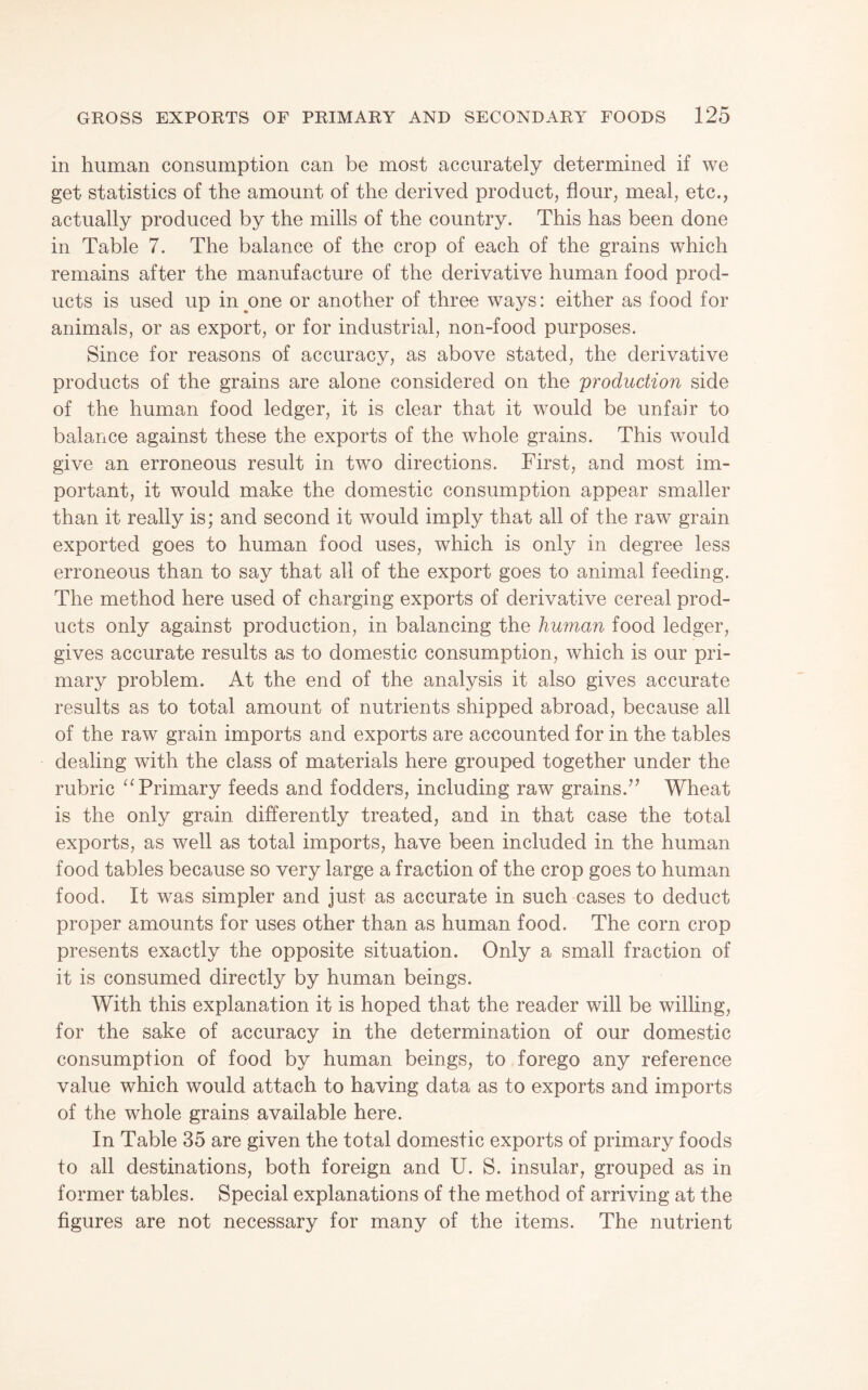 in human consumption can be most accurately determined if we get statistics of the amount of the derived product, flour, meal, etc., actually produced by the mills of the country. This has been done in Table 7. The balance of the crop of each of the grains which remains after the manufacture of the derivative human food prod¬ ucts is used up intone or another of three ways: either as food for animals, or as export, or for industrial, non-food purposes. Since for reasons of accuracy, as above stated, the derivative products of the grains are alone considered on the production side of the human food ledger, it is clear that it would be unfair to balance against these the exports of the whole grains. This would give an erroneous result in two directions. First, and most im¬ portant, it would make the domestic consumption appear smaller than it really is; and second it would imply that all of the raw grain exported goes to human food uses, which is only in degree less erroneous than to say that all of the export goes to animal feeding. The method here used of charging exports of derivative cereal prod¬ ucts only against production, in balancing the human food ledger, gives accurate results as to domestic consumption, which is our pri¬ mary problem. At the end of the analysis it also gives accurate results as to total amount of nutrients shipped abroad, because all of the raw grain imports and exports are accounted for in the tables dealing with the class of materials here grouped together under the rubric ‘^Primary feeds and fodders, including raw grains.’^ Wheat is the only grain differently treated, and in that case the total exports, as well as total imports, have been included in the human food tables because so very large a fraction of the crop goes to human food. It was simpler and just as accurate in such cases to deduct proper amounts for uses other than as human food. The corn crop presents exactly the opposite situation. Only a small fraction of it is consumed directly by human beings. With this explanation it is hoped that the reader will be willing, for the sake of accuracy in the determination of our domestic consumption of food by human beings, to forego any reference value which would attach to having data as to exports and imports of the whole grains available here. In Table 35 are given the total domestic exports of primary foods to all destinations, both foreign and U. S. insular, grouped as in former tables. Special explanations of the method of arriving at the figures are not necessary for many of the items. The nutrient