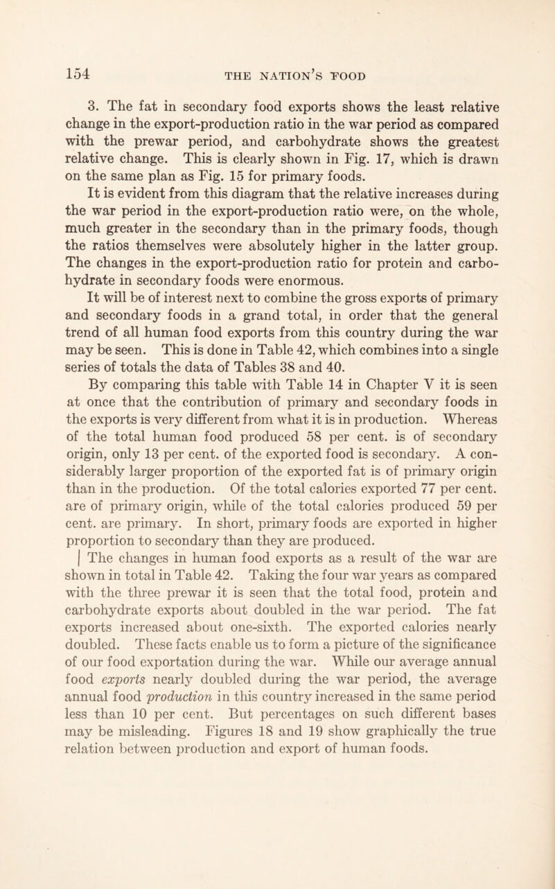 3. The fat in secondary food exports shows the least relative change in the export-production ratio in the war period as compared with the prewar period, and carbohydrate shows the greatest relative change. This is clearly shown in Fig. 17, which is drawn on the same plan as Fig. 15 for primary foods. It is evident from this diagram that the relative increases during the war period in the export-production ratio were, on the whole, much greater in the secondary than in the primary foods, though the ratios themselves were absolutely higher in the latter group. The changes in the export-production ratio for protein and carbo¬ hydrate in secondary foods were enormous. It will be of interest next to combine the gross exports of primary and secondary foods in a grand total, in order that the general trend of all human food exports from this country during the war may be seen. This is done in Table 42, which combines into a single series of totals the data of Tables 38 and 40. By comparing this table with Table 14 in Chapter V it is seen at once that the contribution of primary and secondary foods in the exports is very different from what it is in production. Whereas of the total human food produced 58 per cent, is of secondary origin, only 13 per cent, of the exported food is secondary. A con¬ siderably larger proportion of the exported fat is of primary origin than in the production. Of the total calories exported 77 per cent, are of primary origin, while of the total calories produced 59 per cent, are primary. In short, primary foods are exported in higher proportion to secondary than they are produced. I The changes in human food exports as a result of the war are shown in total in Table 42. Taking the four war years as compared with the three prewar it is seen that the total food, protein and carbohydrate exports about doubled in the war period. The fat exports increased about one-sixth. The exported calories nearly doubled. These facts enable us to form a picture of the significance of our food exportation during the war. While our average annual food exports nearly doubled during the war period, the average annual food production in this country increased in the same period less than 10 per cent. But percentages on such different bases may be misleading. Figures 18 and 19 show graphically the true relation between production and export of human foods.
